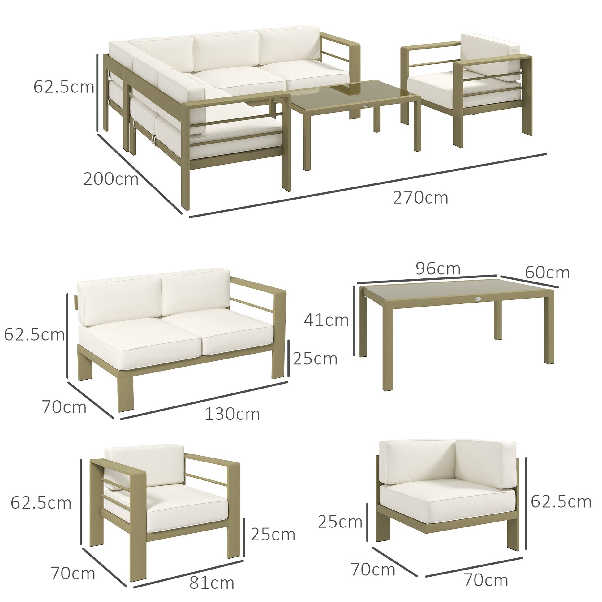 5-Piece Garden Sofa Set with Cushions, 6 Seater Aluminium Garden Furniture Set with Glass Top Coffee Table, Patio Sectional Conservatory Furniture for Patio & Terrace, Gold Tone