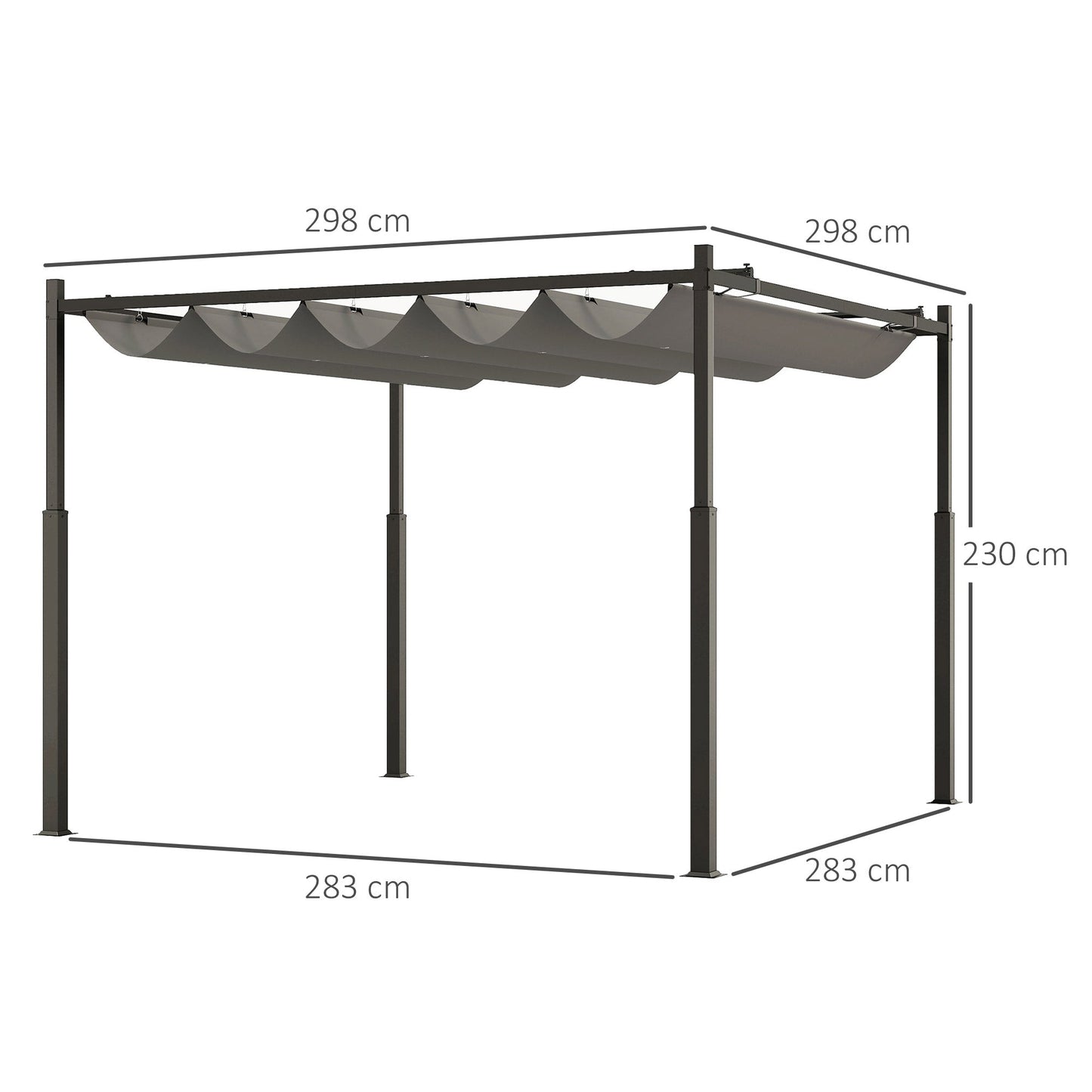 3 x 3(m) Metal Pergola with Retractable Roof and Magnetic Fixture, Outdoor Gazebo Garden Pergola Kit Sun Shade Canopy, UPF30+, 80mm Metal Column, Grey