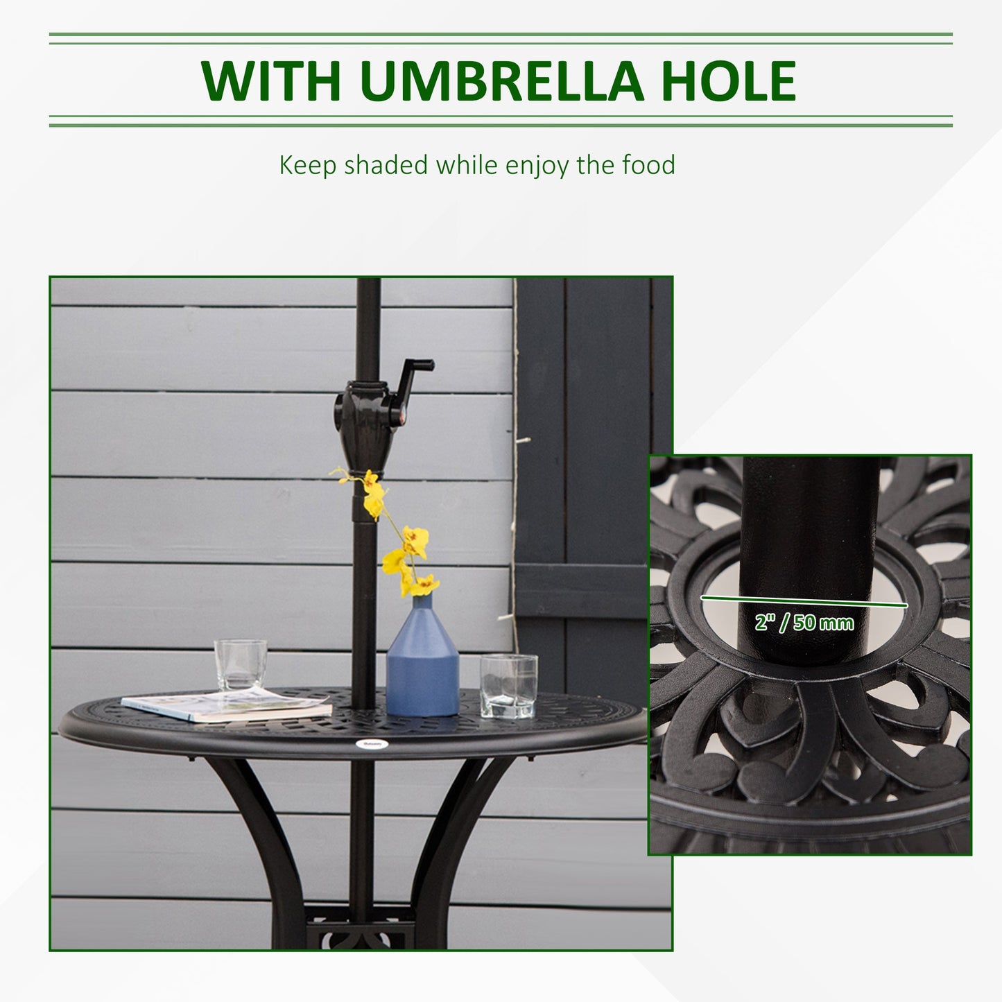 78 cm Round Garden Dining Table with Parasol Hole Antique Cast Aluminium Outdoor Table Only, Black