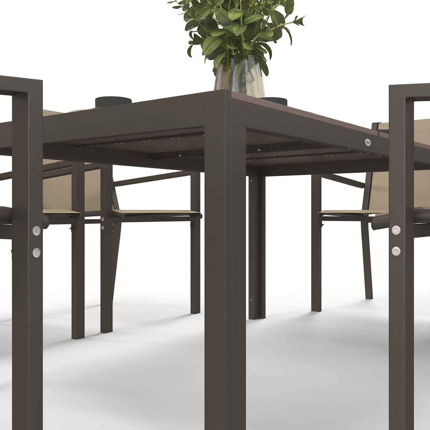 Garden Dining Set for 6, Garden Table and Stackable Chairs, 6 Seater Garden Furniture with Rectangular WPC Top Dining Table and Texteline Fabric for Outdoor, Patio, Khaki