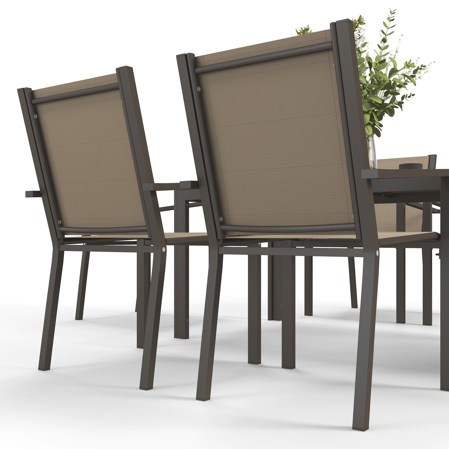 Garden Dining Set for 6, Garden Table and Stackable Chairs, 6 Seater Garden Furniture with Rectangular WPC Top Dining Table and Texteline Fabric for Outdoor, Patio, Khaki
