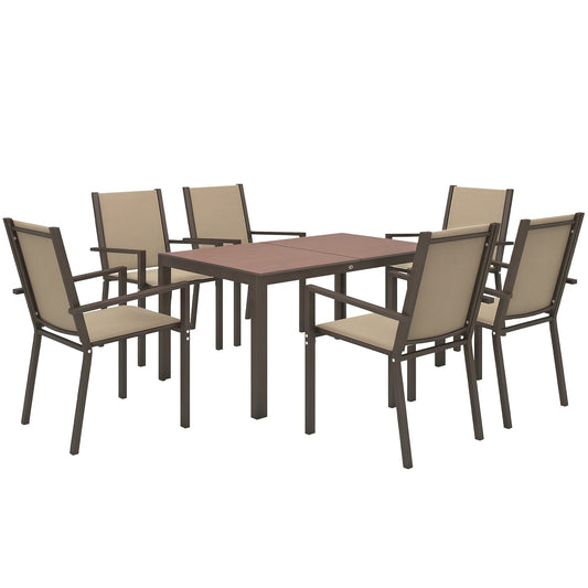 Garden Dining Set for 6, Garden Table and Stackable Chairs, 6 Seater Garden Furniture with Rectangular WPC Top Dining Table and Texteline Fabric for Outdoor, Patio, Khaki