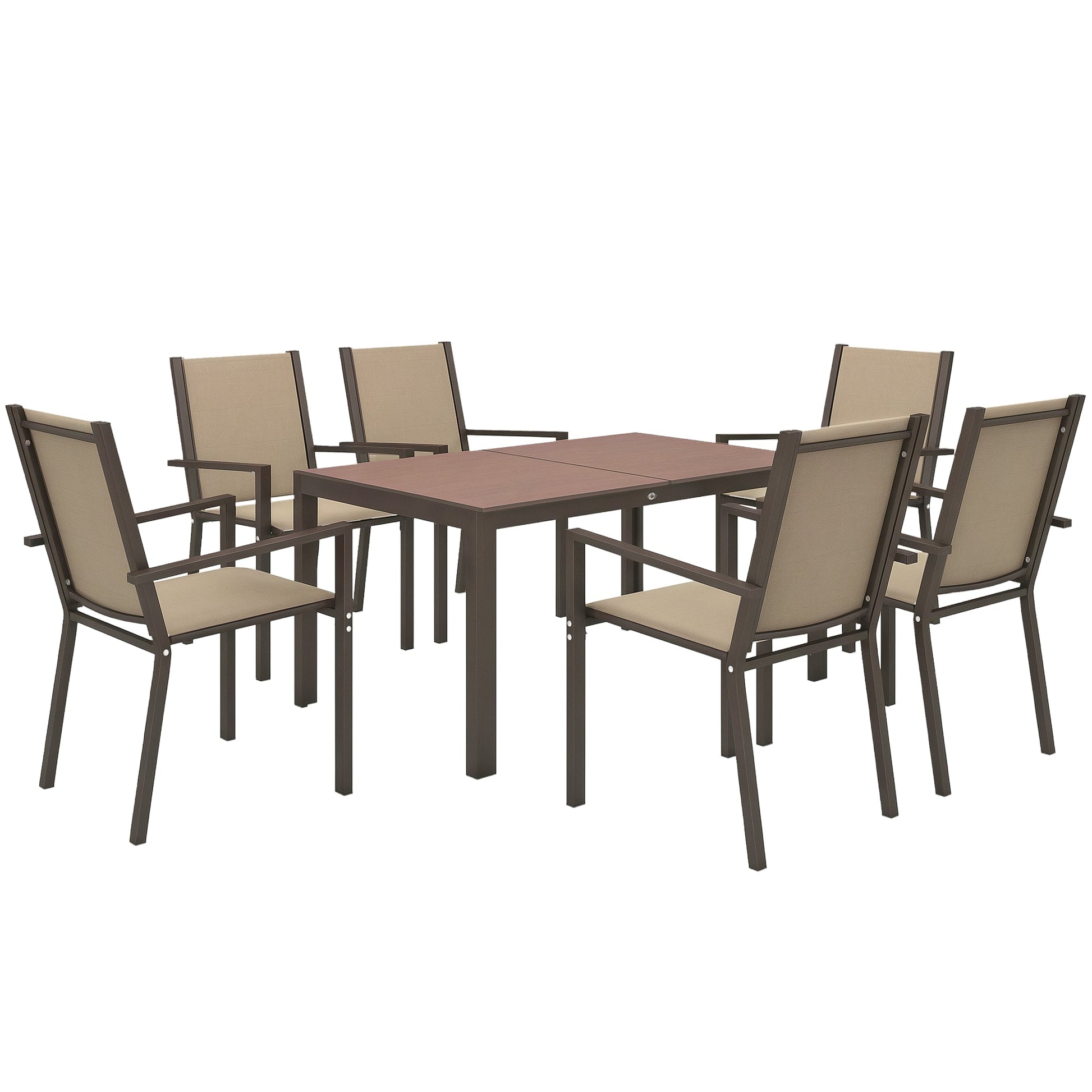 Garden Dining Set for 6, Garden Table and Stackable Chairs, 6 Seater Garden Furniture with Rectangular WPC Top Dining Table and Texteline Fabric for Outdoor, Patio, Khaki