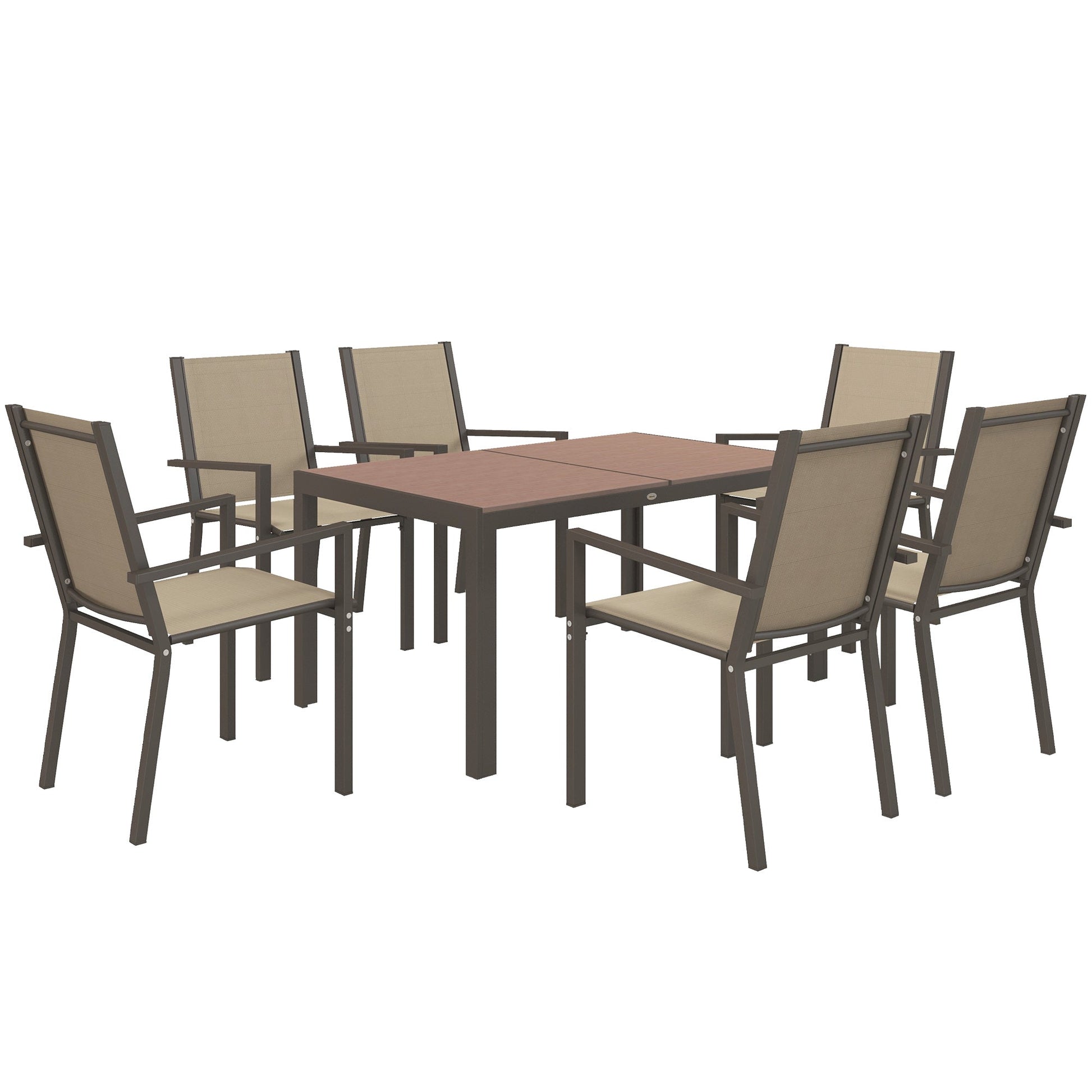 Garden Dining Set for 6, Garden Table and Stackable Chairs, 6 Seater Garden Furniture with Rectangular WPC Top Dining Table and Texteline Fabric for Outdoor, Patio, Khaki