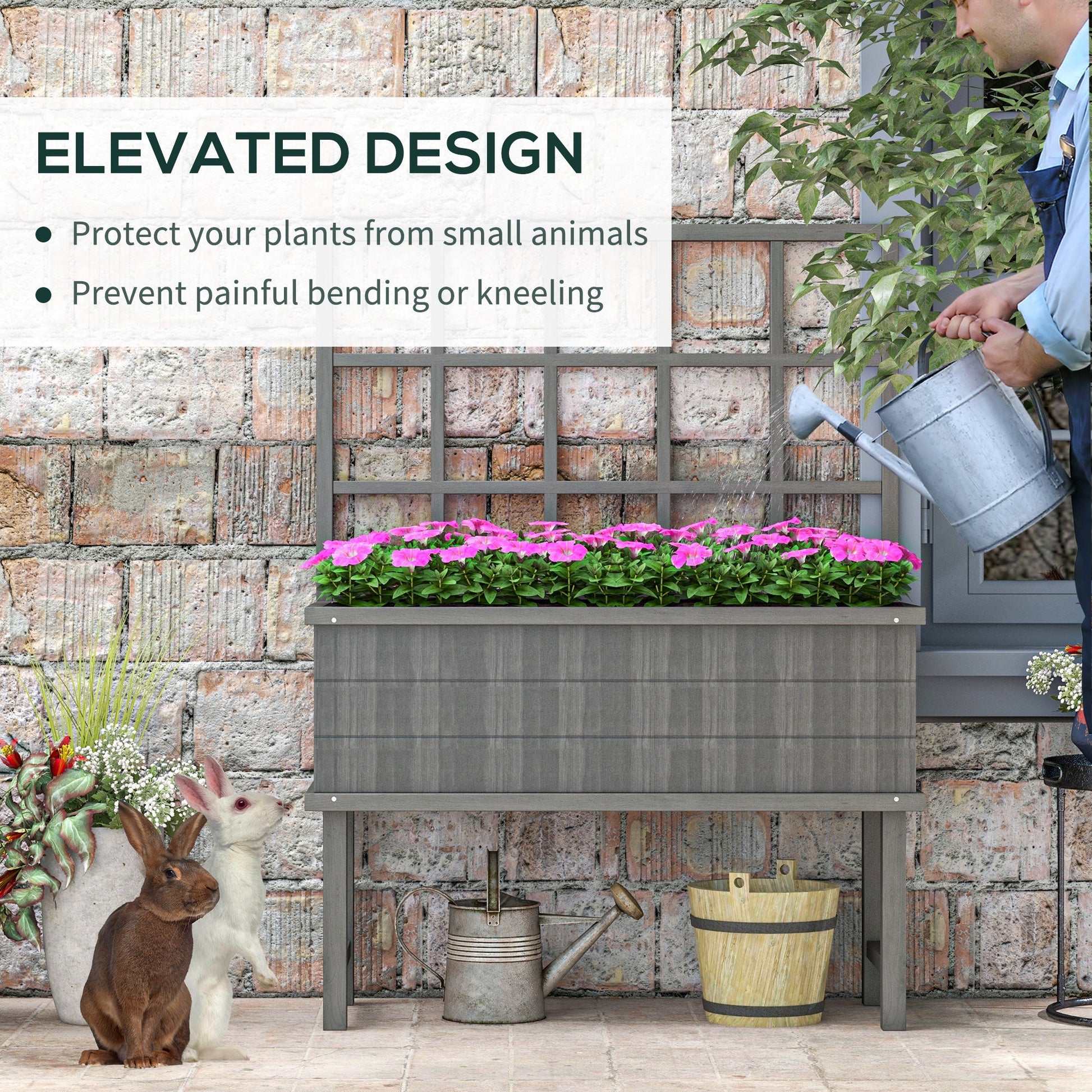 Wooden Raised Planter with Trellis for Vine Climbing Plants, Elevated Garden Bed with Drainage Holes and Bed Liner for Vegetables, Flowers, Herbs, 105 x 45 x 140cm, Grey