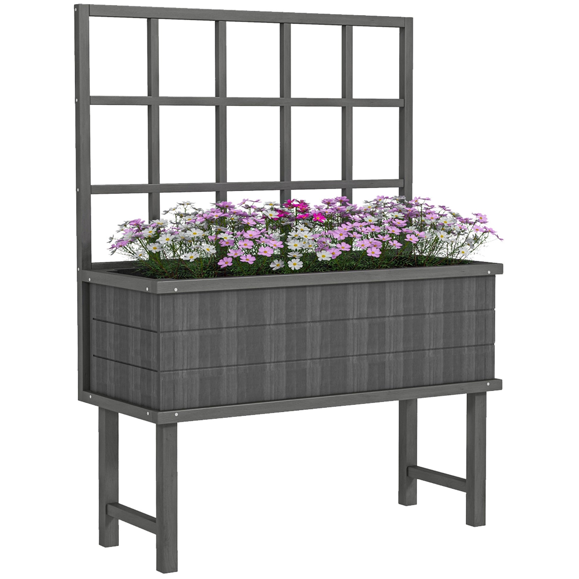 Wooden Raised Planter with Trellis for Vine Climbing Plants, Elevated Garden Bed with Drainage Holes and Bed Liner for Vegetables, Flowers, Herbs, 105 x 45 x 140cm, Grey