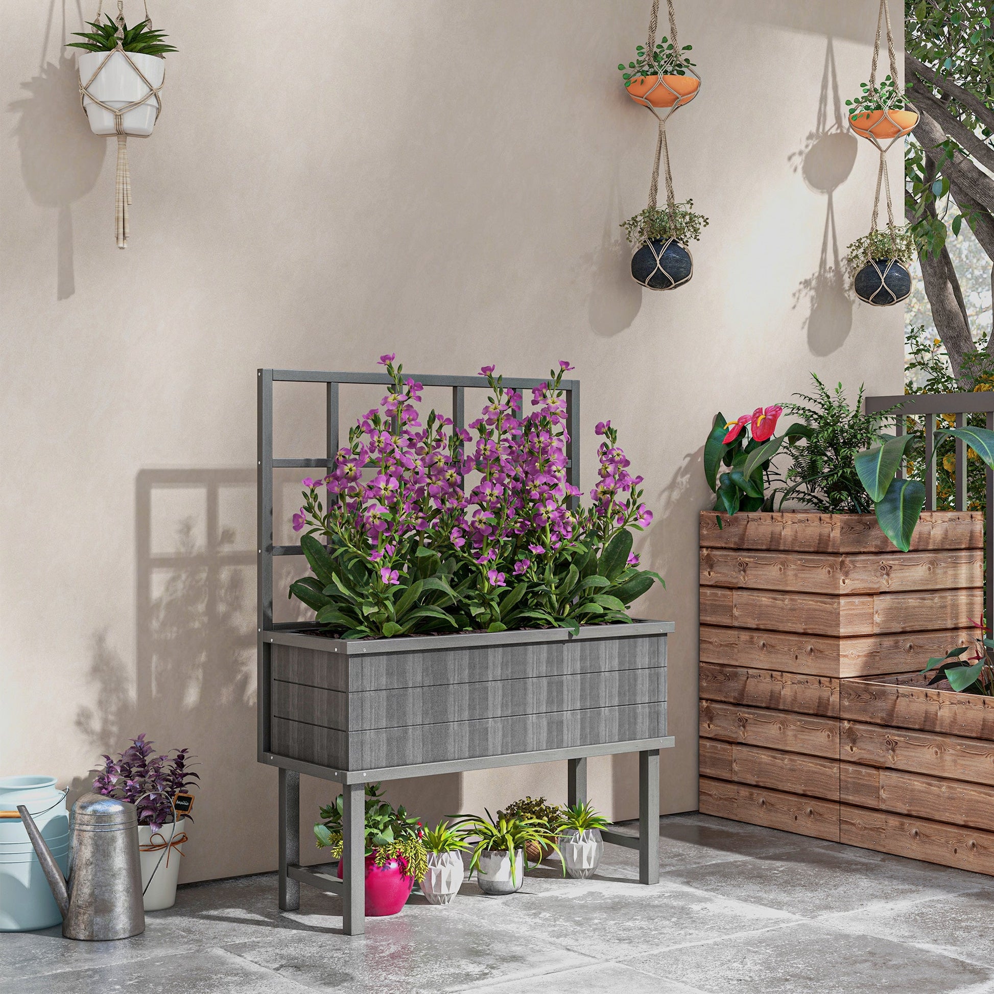 Wooden Raised Planter with Trellis for Vine Climbing Plants, Elevated Garden Bed with Drainage Holes and Bed Liner for Vegetables, Flowers, Herbs, 105 x 45 x 140cm, Grey