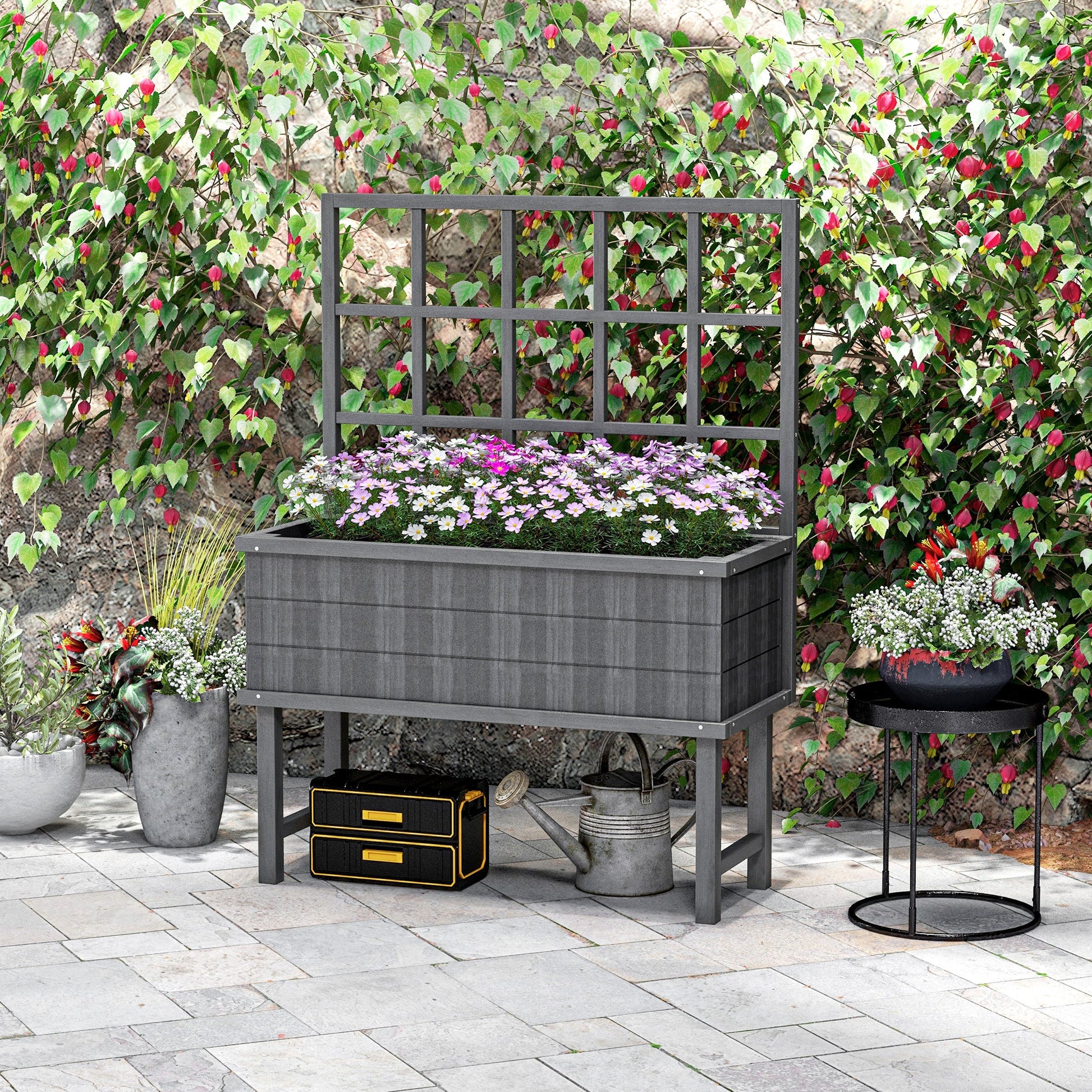 Wooden Raised Planter with Trellis for Vine Climbing Plants, Elevated Garden Bed with Drainage Holes and Bed Liner for Vegetables, Flowers, Herbs, 105 x 45 x 140cm, Grey