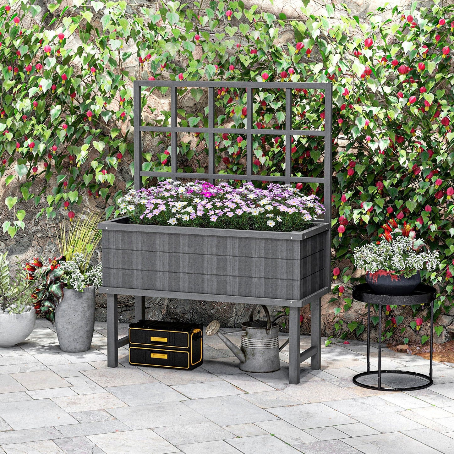 Wooden Raised Planter with Trellis for Vine Climbing Plants, Elevated Garden Bed with Drainage Holes and Bed Liner for Vegetables, Flowers, Herbs, 105 x 45 x 140cm, Grey