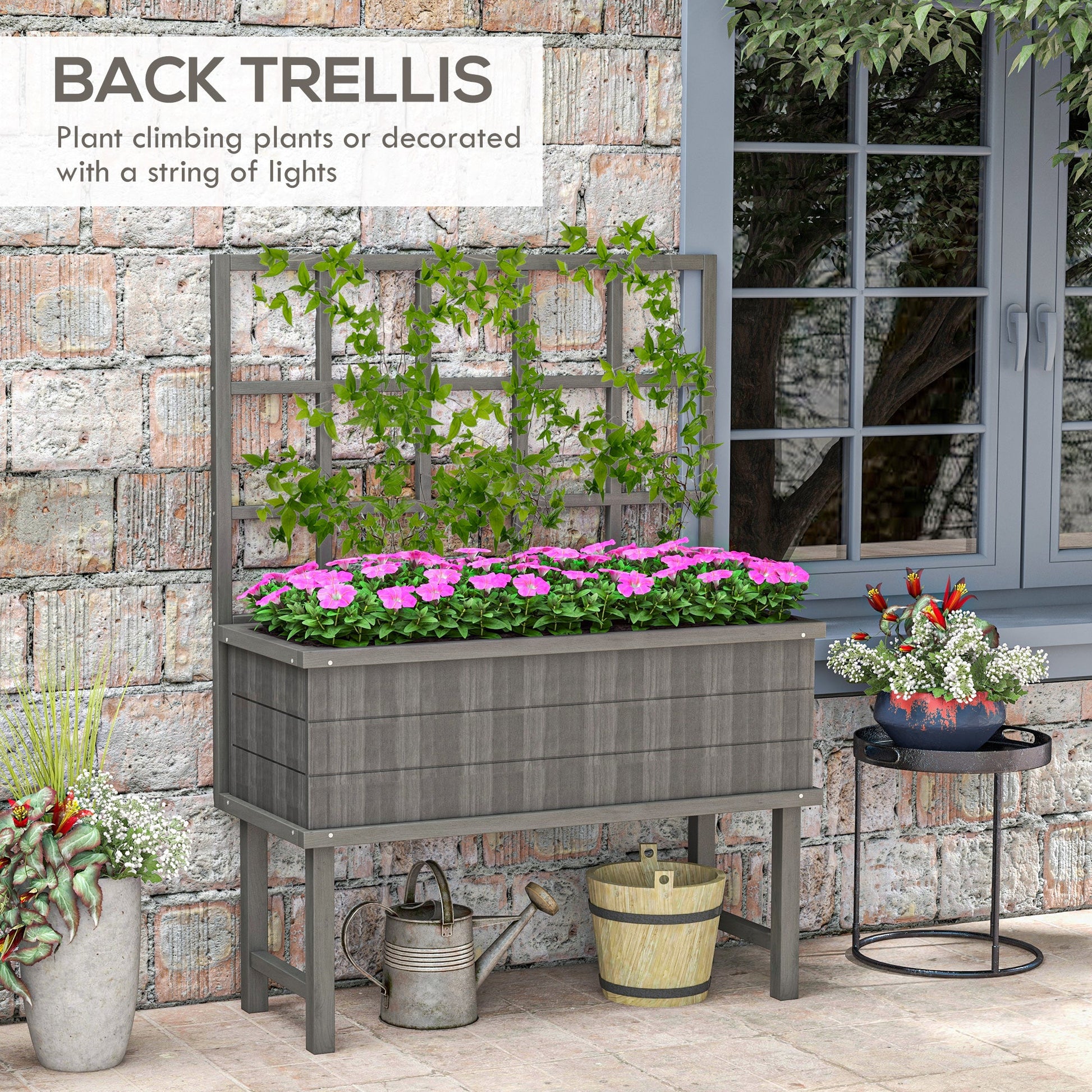 Wooden Raised Planter with Trellis for Vine Climbing Plants, Elevated Garden Bed with Drainage Holes and Bed Liner for Vegetables, Flowers, Herbs, 105 x 45 x 140cm, Grey