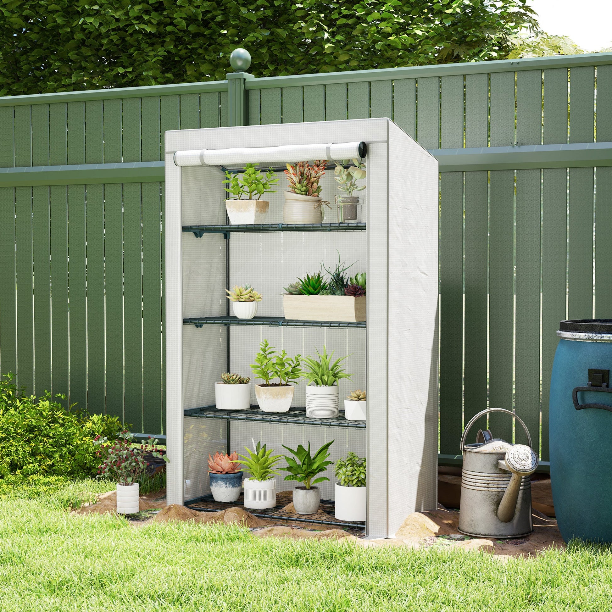 4 Tier Lean-to Mini Greenhouse with Reinforced PE Cover, Portable Small Greenhouse with Roll-Up Door, Grey Hemmed Edging, 110 x 50 x 171cm, Grey