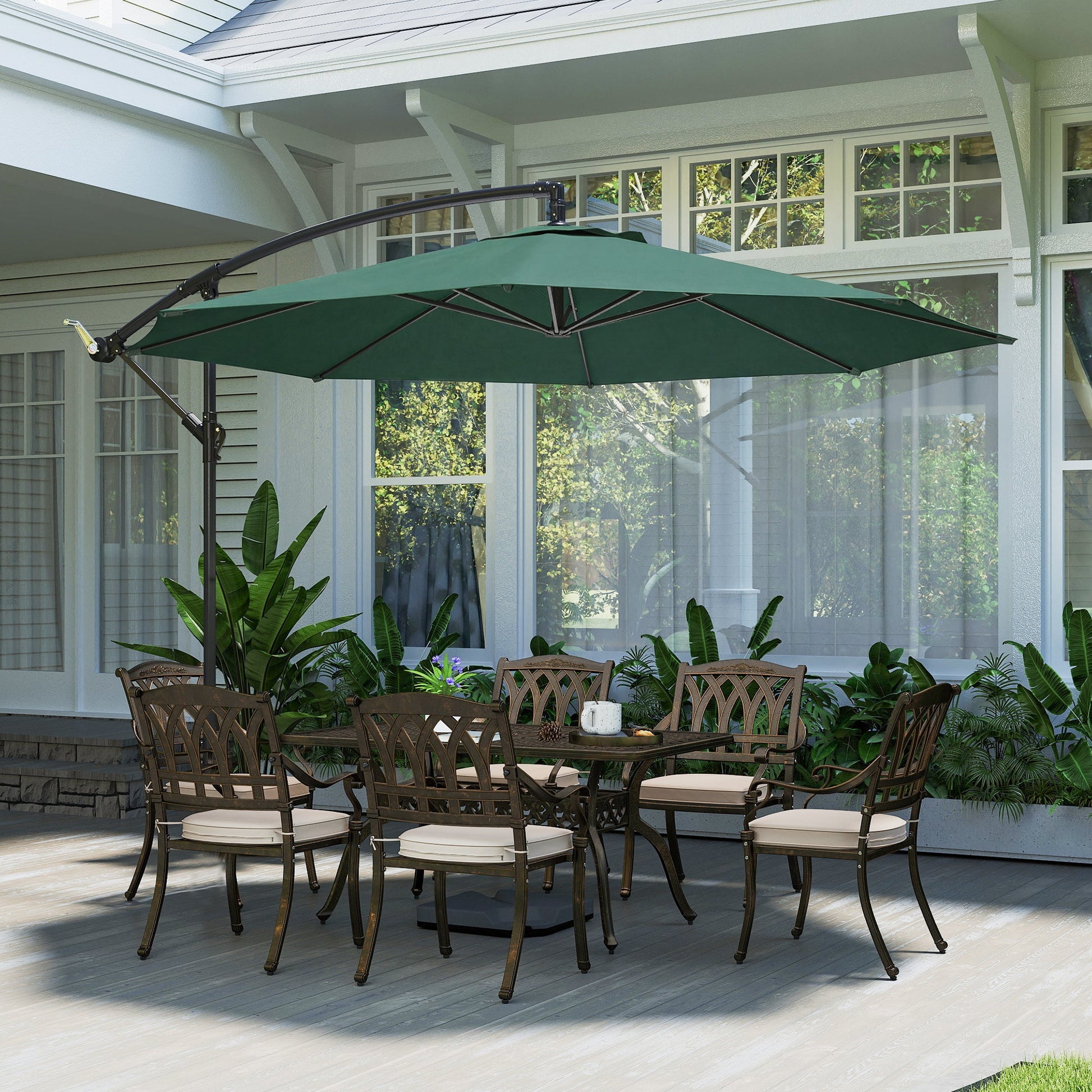 3(m) Garden Banana Parasol Hanging Cantilever Umbrella with Crank Handle, 8 Ribs and Cross Base for Outdoor, Sun Shade, Dark Green