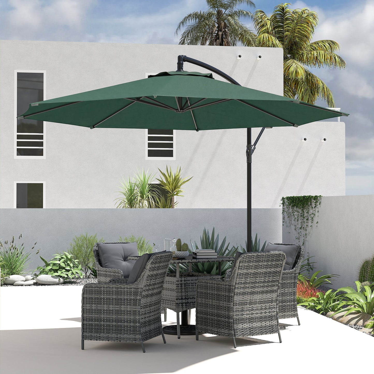 3(m) Garden Banana Parasol Hanging Cantilever Umbrella with Crank Handle, 8 Ribs and Cross Base for Outdoor, Sun Shade, Dark Green