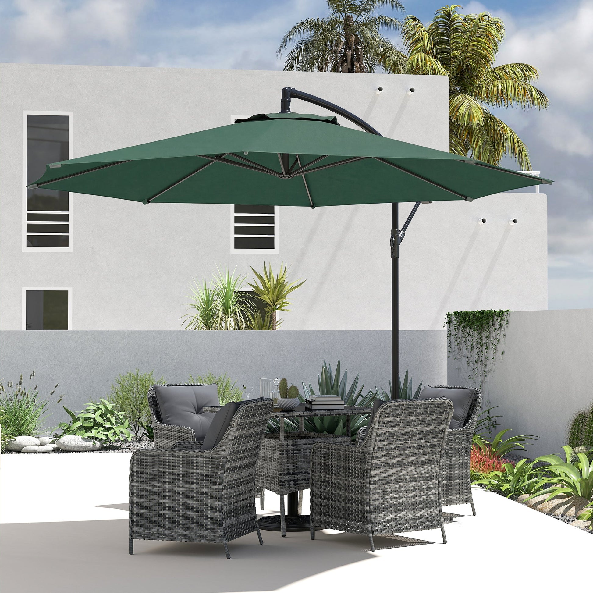 3(m) Garden Banana Parasol Hanging Cantilever Umbrella with Crank Handle, 8 Ribs and Cross Base for Outdoor, Sun Shade, Dark Green