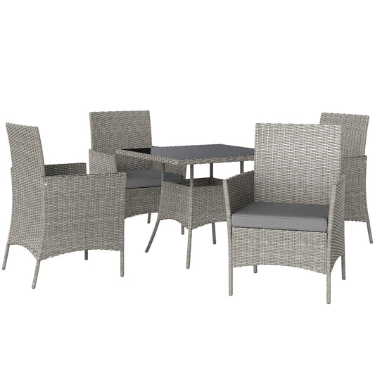 4 Seater Rattan Dining Set with Cushions, 5 Pieces Garden Dining Set with Glass Tabletop, PE Rattan Garden Furniture Set with Dining Table and Armchairs for Patio, Balcony, Light Grey