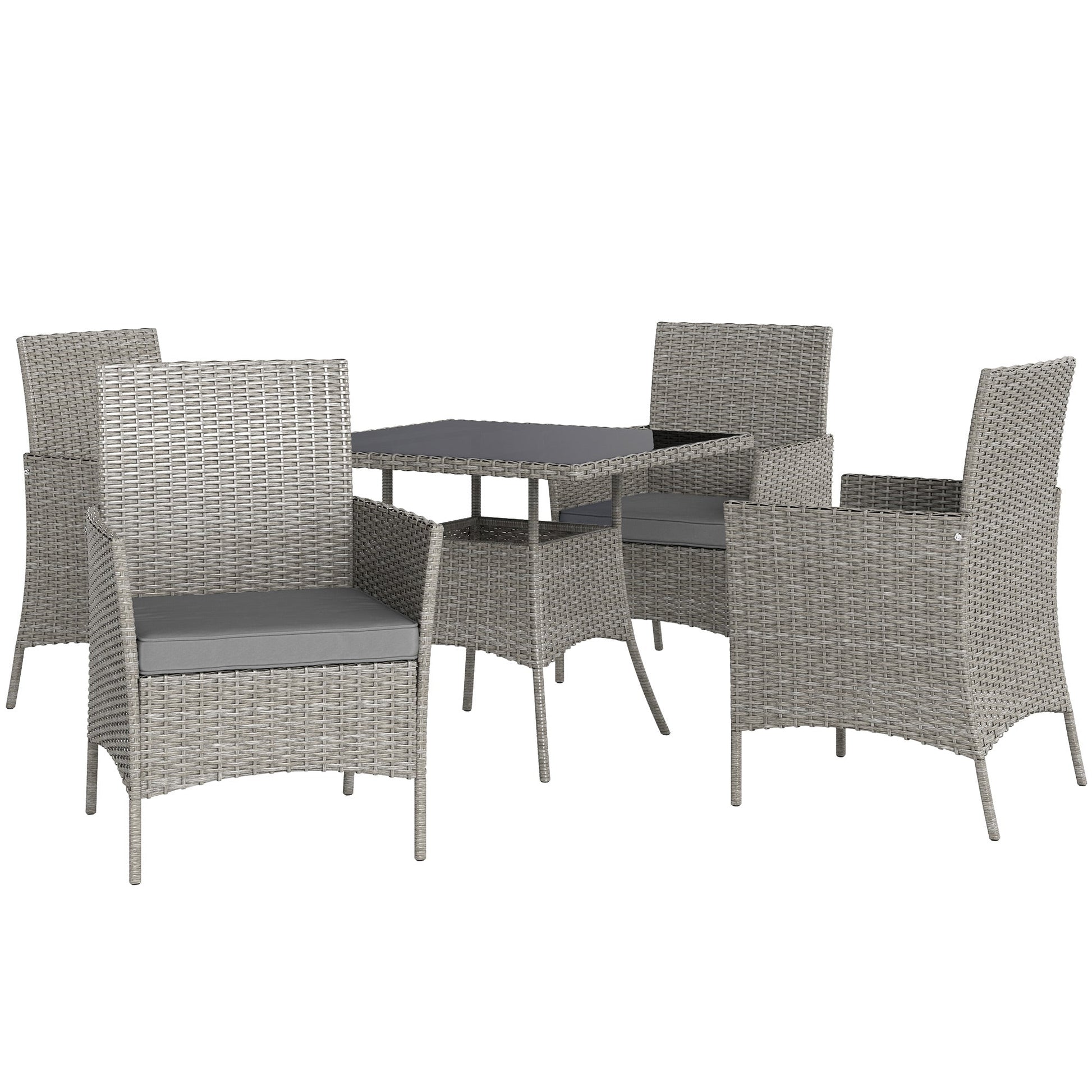 4 Seater Rattan Dining Set with Cushions, 5 Pieces Garden Dining Set with Glass Tabletop, PE Rattan Garden Furniture Set with Dining Table and Armchairs for Patio, Balcony, Light Grey