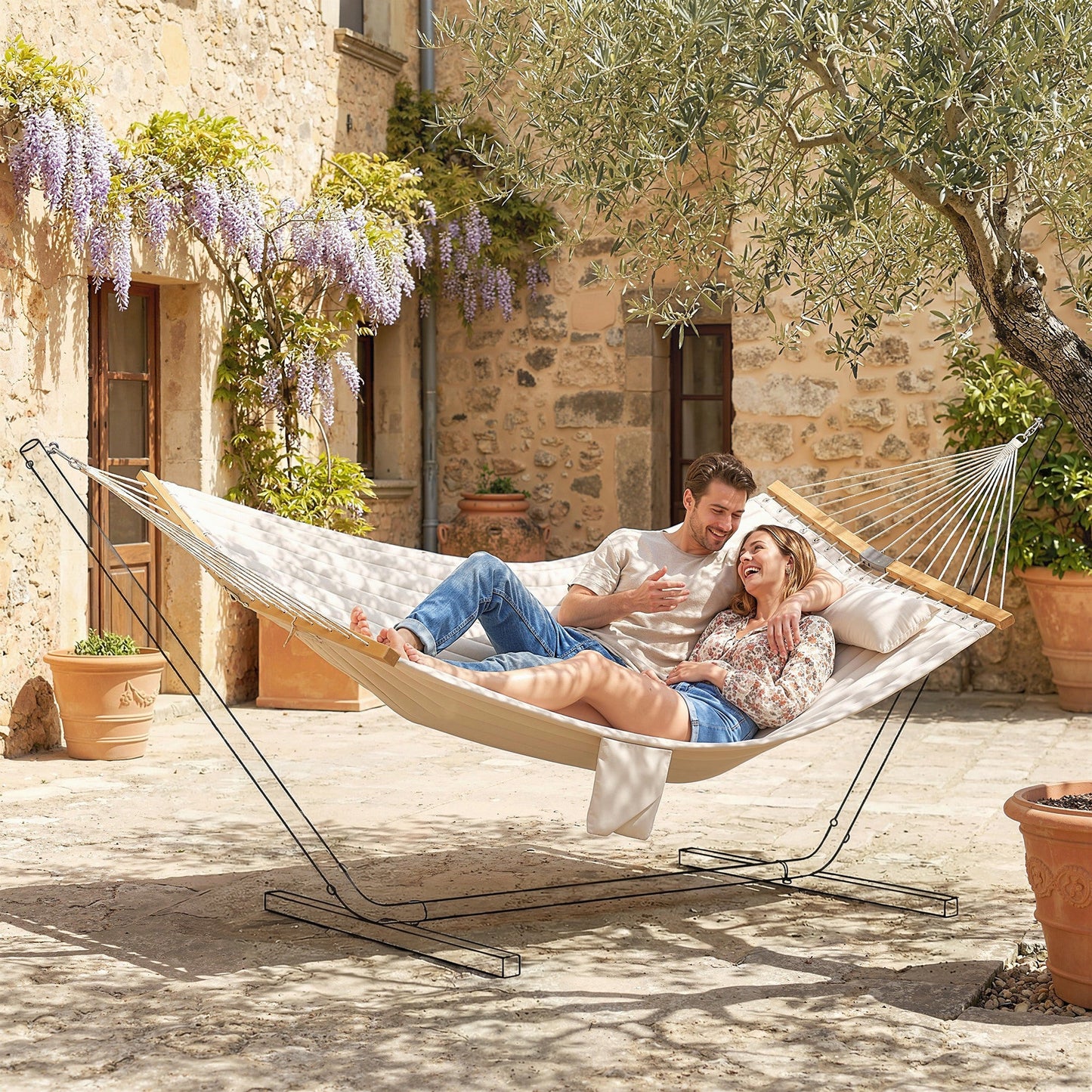 Double Hammock 2-Person with Pillow and Pad, Extra Large 200 x 140 cm, Load Capacity 200 kg, Swing Bed for Patio Porch Garden Lounging Outdoor and Indoor Cream White