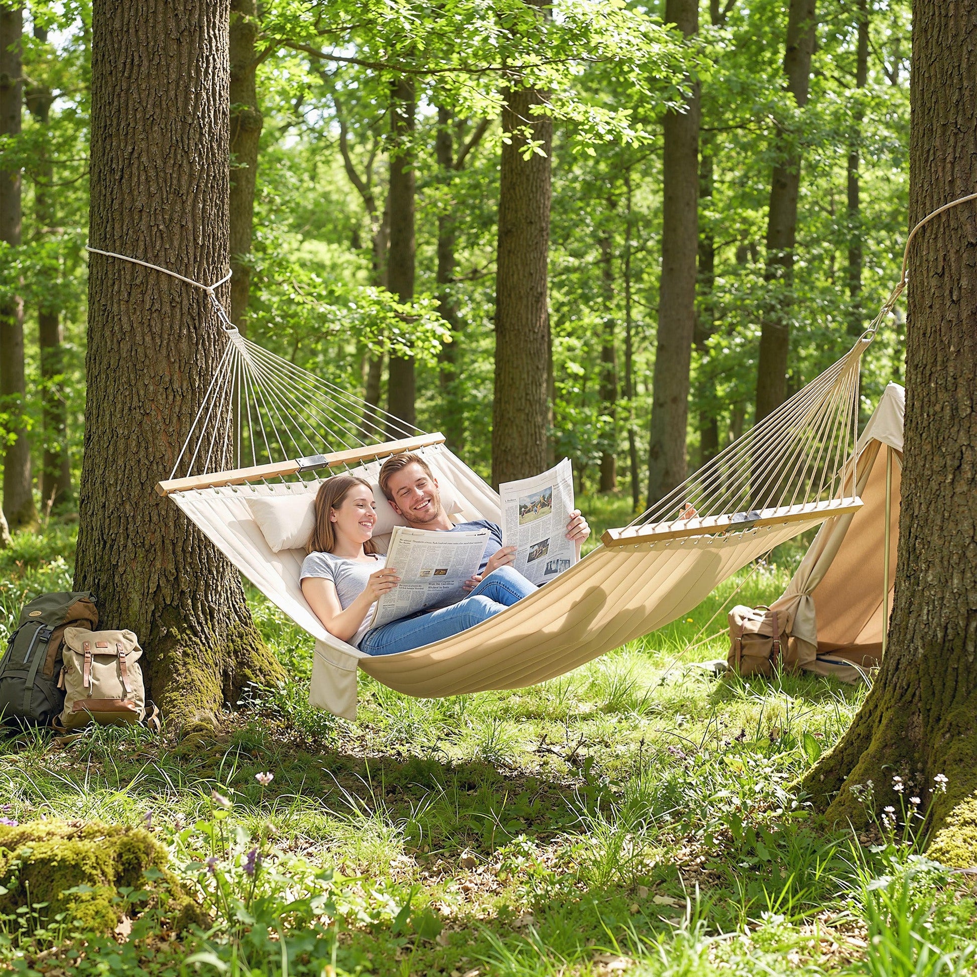 Double Hammock 2-Person with Pillow and Pad, Extra Large 200 x 140 cm, Load Capacity 200 kg, Swing Bed for Patio Porch Garden Lounging Outdoor and Indoor Cream White