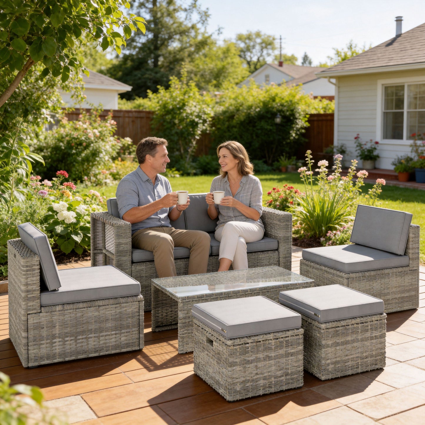 6 Piece Rattan Garden Furniture Set, 6 Seater Nesting Wicker Patio Conversation Set with Loveseat, 2 Chairs, Glass Top Table, 2 Footstools, Cushions, Adjustable Pads for Outdoor, Dark Grey