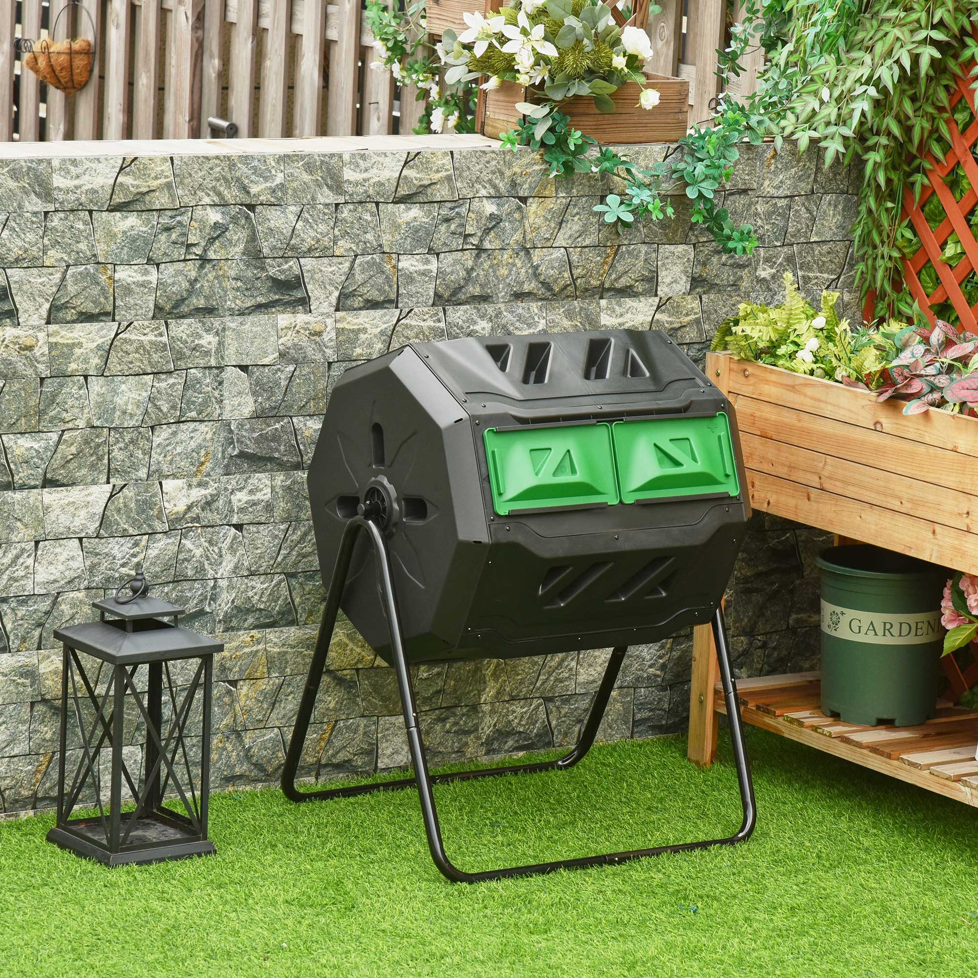 160L Tumbling Compost Bin Outdoor Dual Chamber 360° Rotating Composter, Garden Compost Bin w/ Sliding Doors & Solid Steel Frame, Black