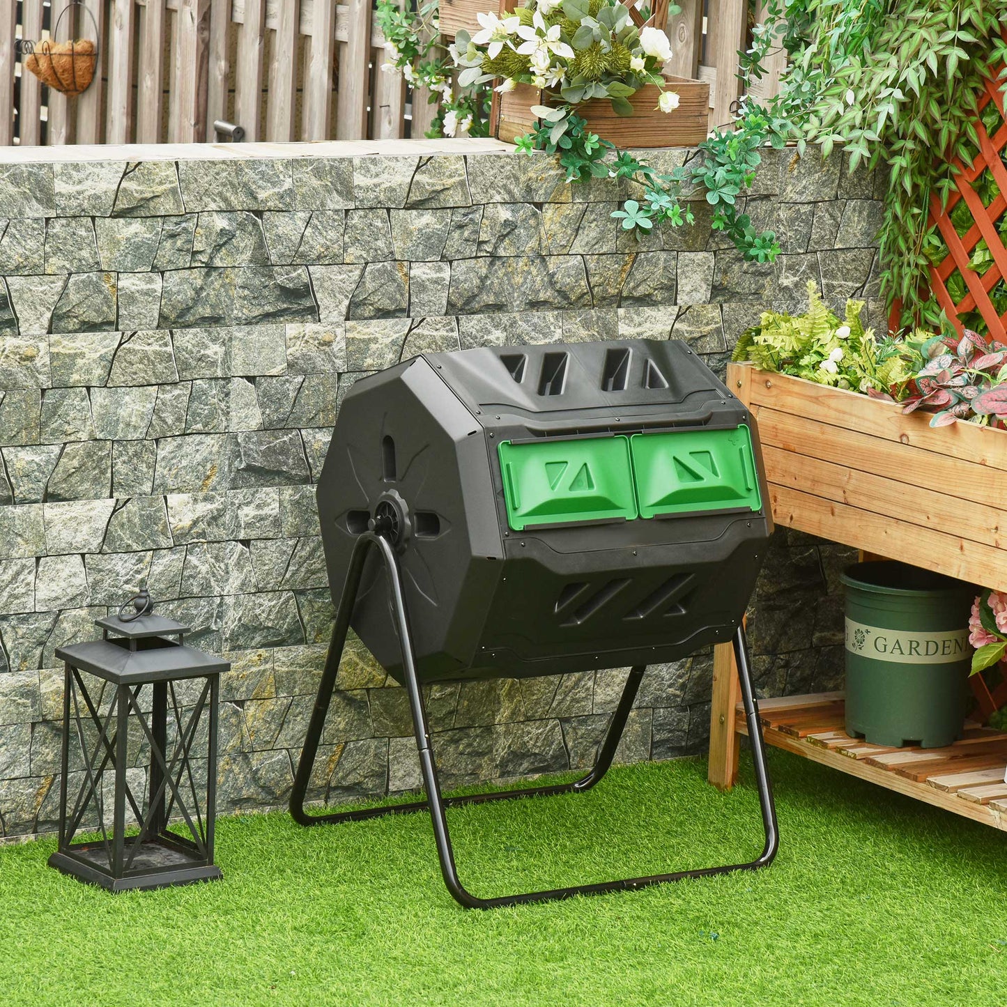 160L Tumbling Compost Bin Outdoor Dual Chamber 360° Rotating Composter, Garden Compost Bin w/ Sliding Doors & Solid Steel Frame, Black