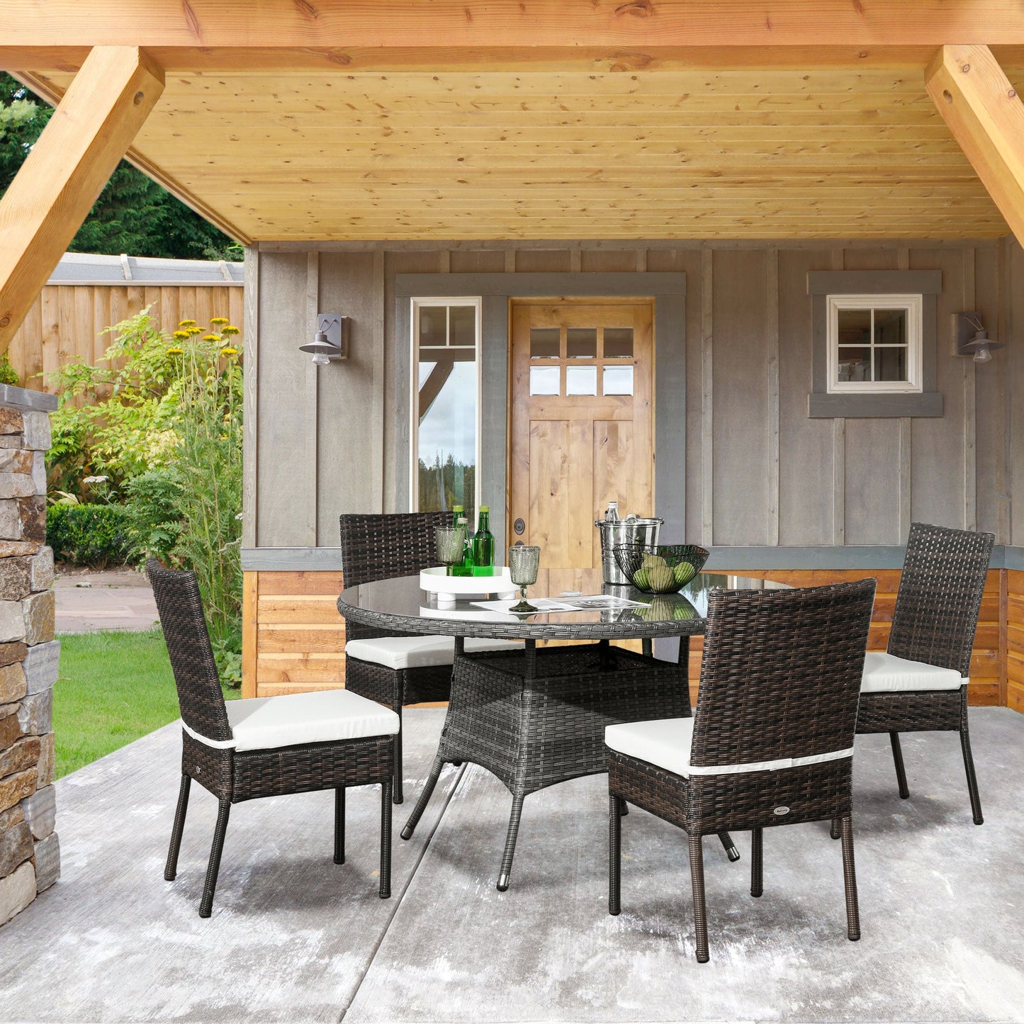 4 Pieces PE Rattan Garden Chairs with Cushion, Patio Wicker Dining Chairs with Backrest for Patio, Deck, Garden, Brown