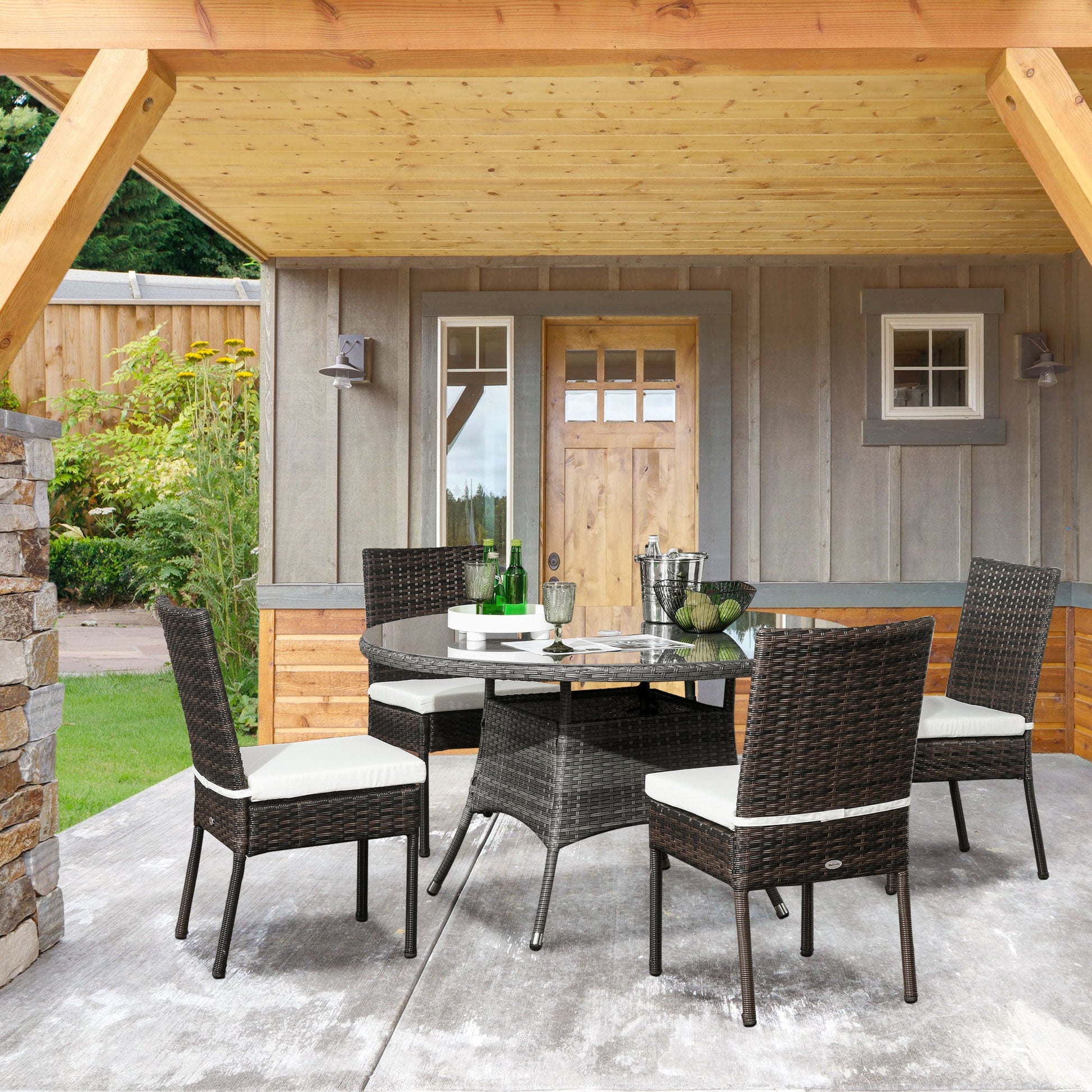 4 Pieces PE Rattan Garden Chairs with Cushion, Patio Wicker Dining Chairs with Backrest for Patio, Deck, Garden, Brown