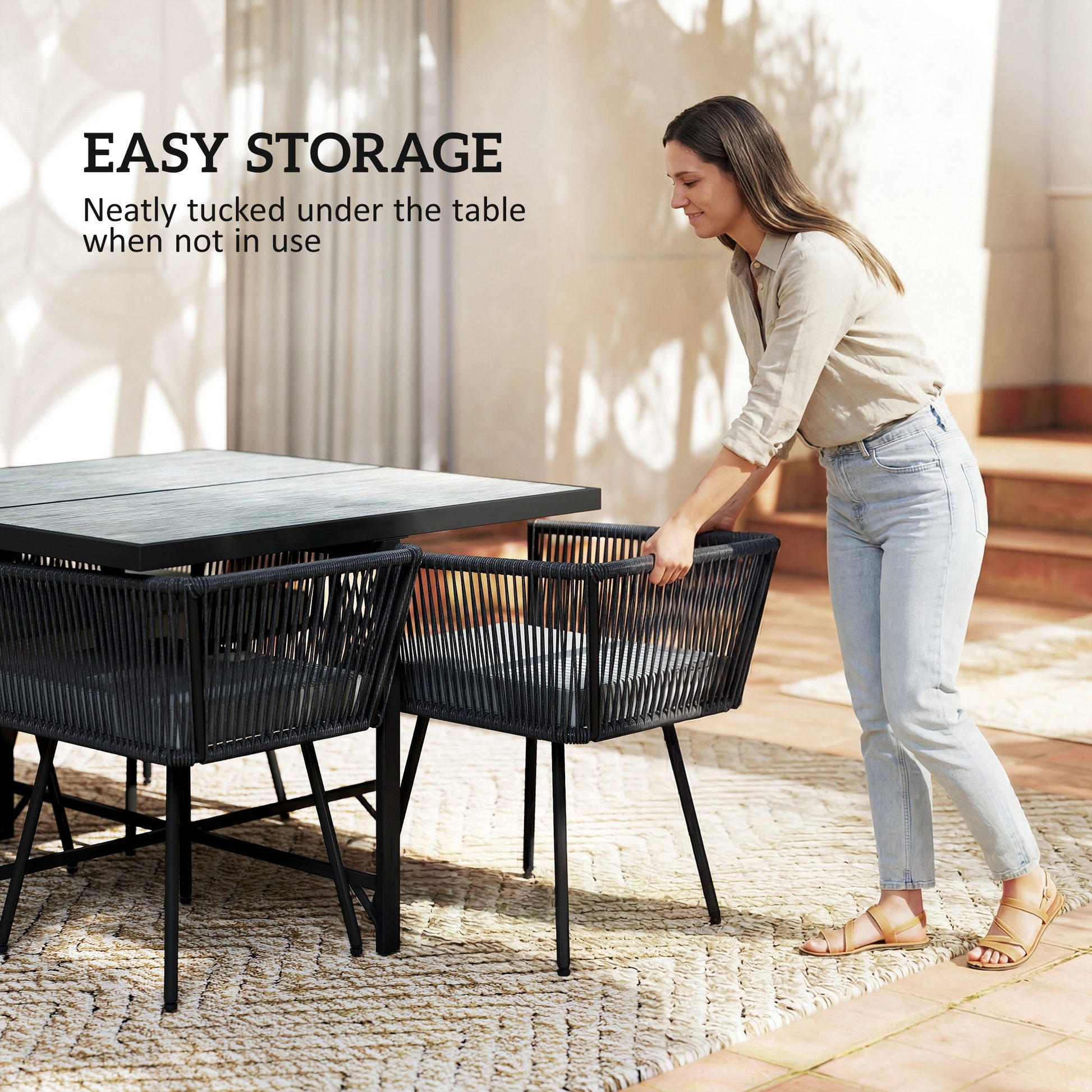 5 Piece Rattan Garden Furniture Set, Garden Dining Set with Wood-Plastic Table and 4 Stackable Chairs, Rattan Table and Chairs with 4 Cushions for Patio, Terrace, Light Grey