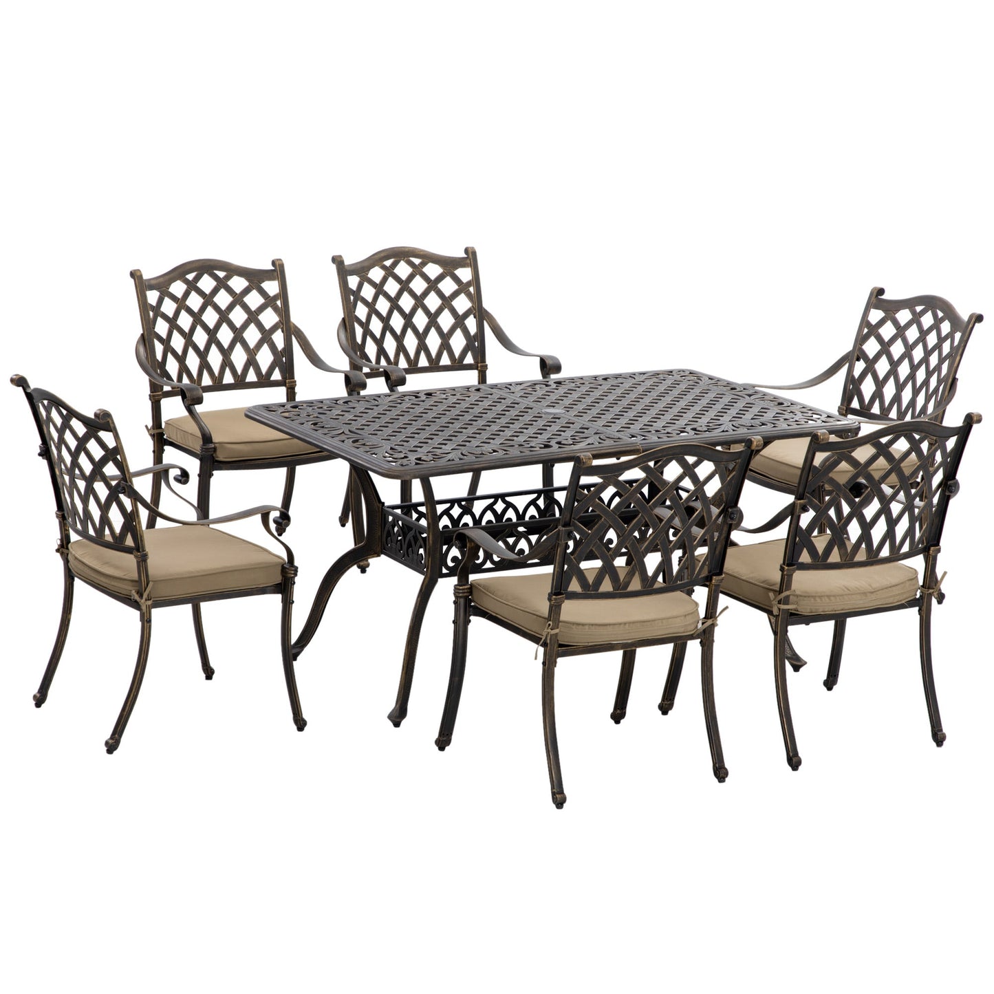 7 PCs Garden Patio Dining Set with Parasol Hole, Cast Aluminium Outdoor Furniture Set with Six Cushioned Chairs and Rectangle Dining Table, for Garden, Lawn, Deck, Bronze Tone