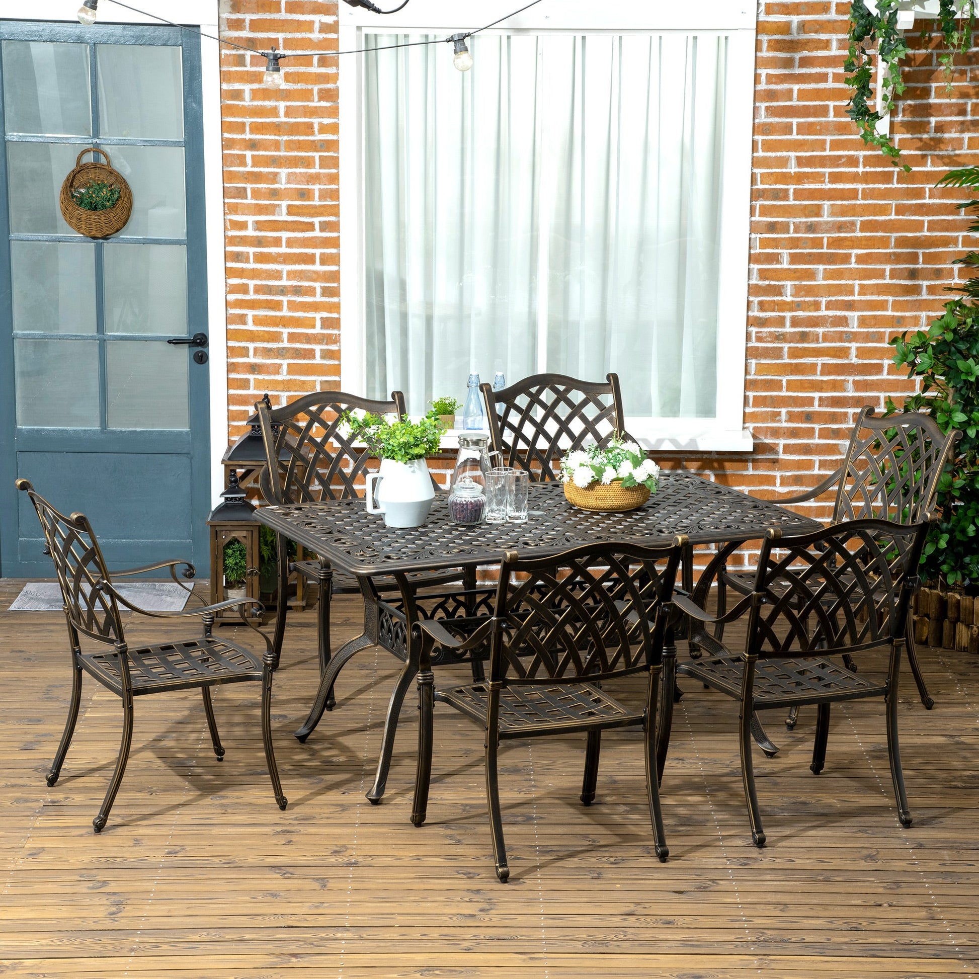 7 PCs Garden Patio Dining Set with Parasol Hole, Cast Aluminium Outdoor Furniture Set with Six Cushioned Chairs and Rectangle Dining Table, for Garden, Lawn, Deck, Bronze Tone