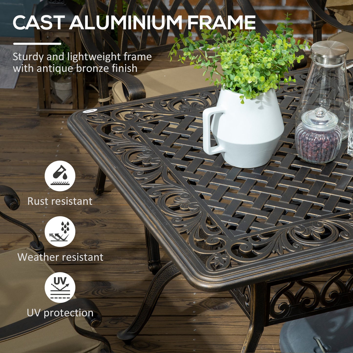 7 PCs Garden Patio Dining Set with Parasol Hole, Cast Aluminium Outdoor Furniture Set with Six Cushioned Chairs and Rectangle Dining Table, for Garden, Lawn, Deck, Bronze Tone