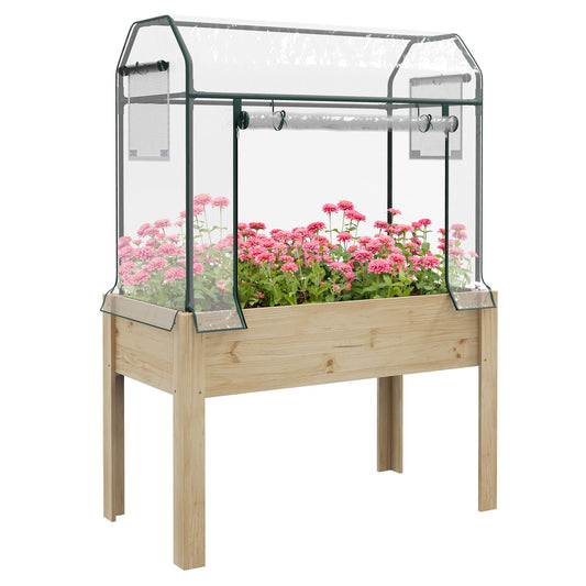 Wooden Raised Planter with Plastic Greenhouse Cover and Bed Liner, Elevated Garden Bed for Vegetables, Flowers, Herbs, 115 x 60 x 165cm, Clear