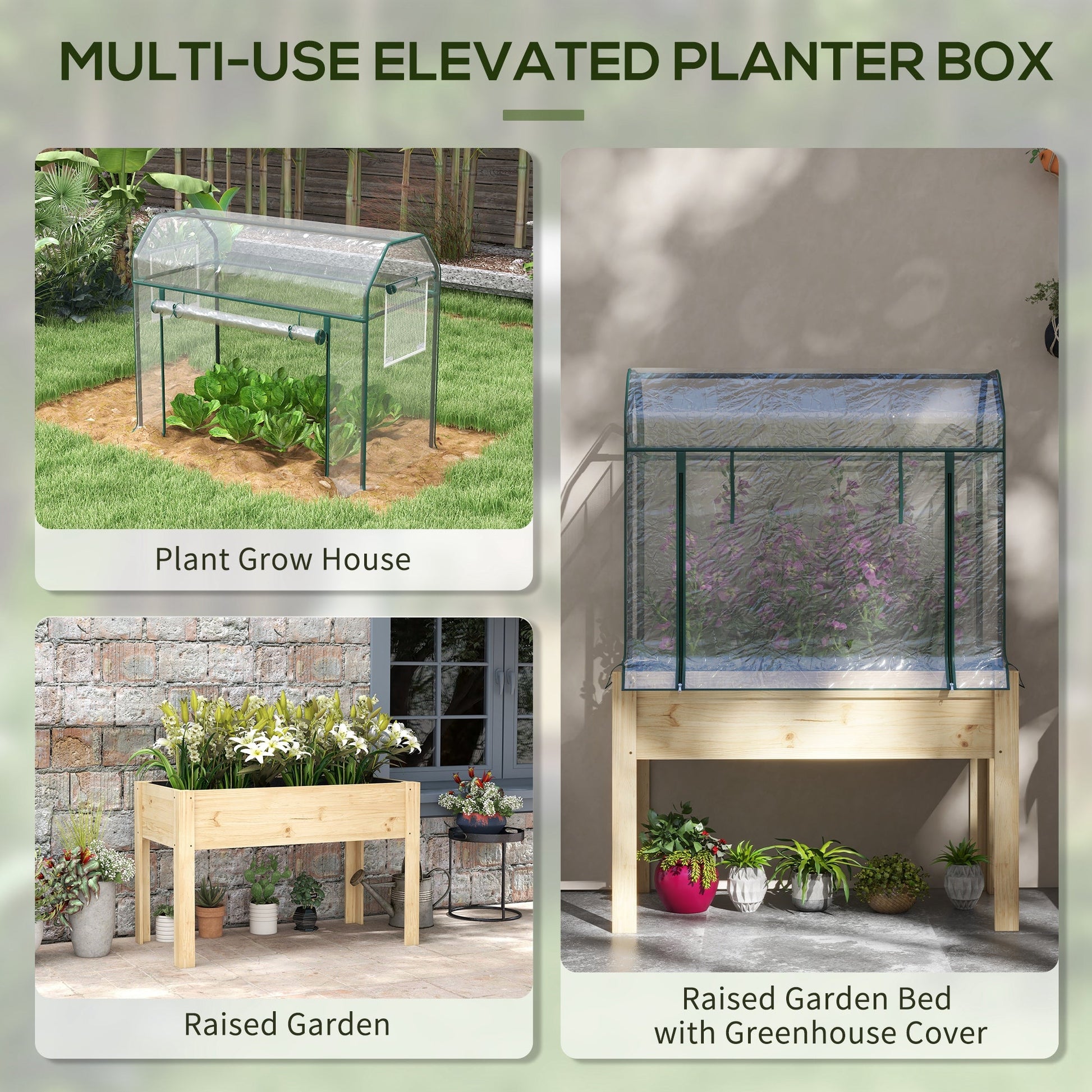 Wooden Raised Planter with Plastic Greenhouse Cover and Bed Liner, Elevated Garden Bed for Vegetables, Flowers, Herbs, 115 x 60 x 165cm, Clear