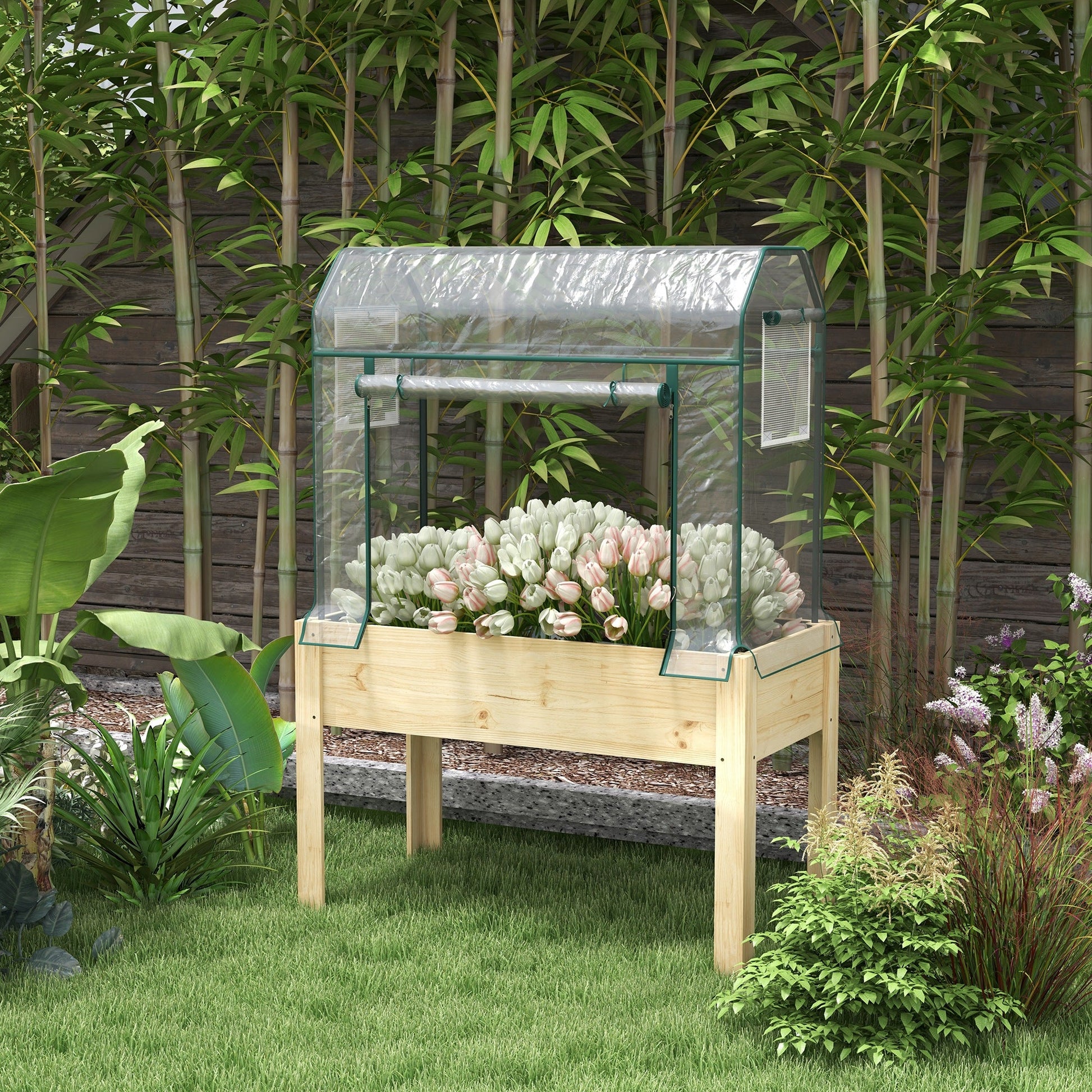Wooden Raised Planter with Plastic Greenhouse Cover and Bed Liner, Elevated Garden Bed for Vegetables, Flowers, Herbs, 115 x 60 x 165cm, Clear