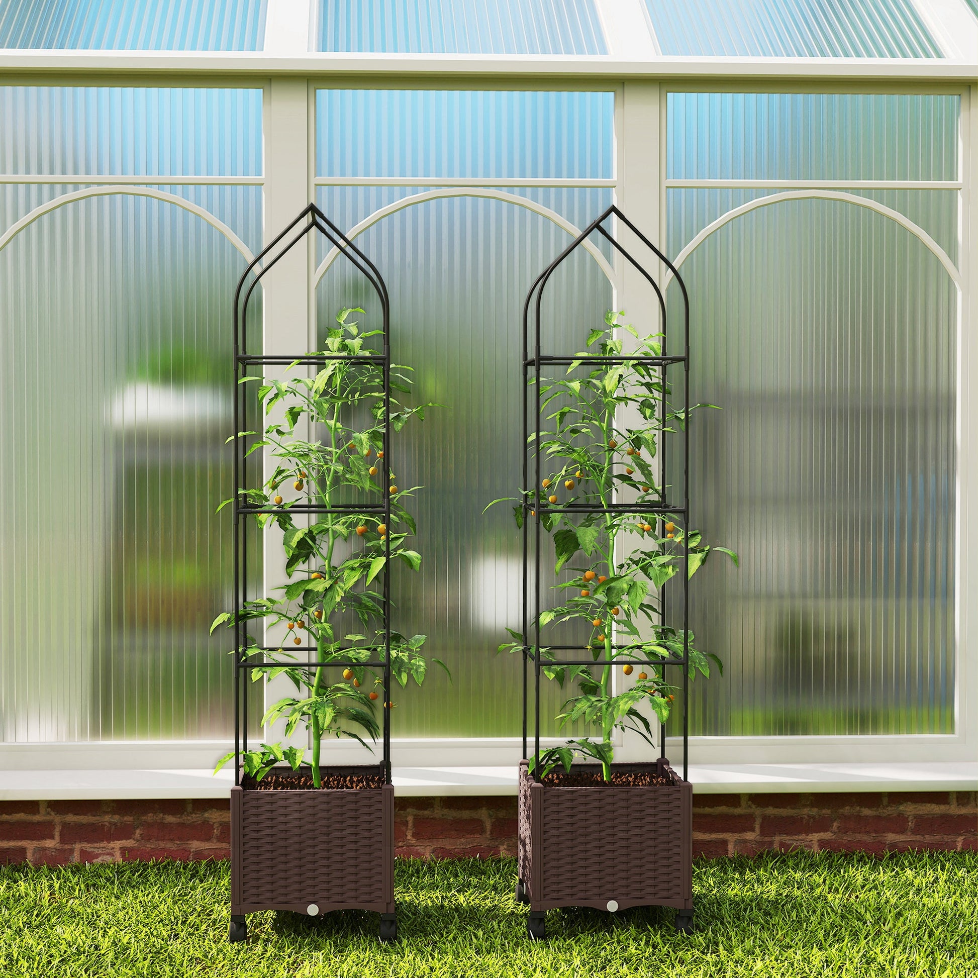 Raised Garden Bed with Trellis, Tomato Cage with Lockable Wheels, Self Watering Planter Box with Drainage Holes and Plugs for Outdoor Patio Climbing Plants, Vines, Vegetables, Flowers, Brown