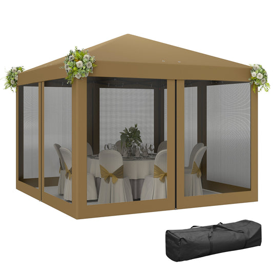 3 x 3 m Pop Up Gazebo, 420D Garden Tent Canopy with Removable Mesh Sidewall Netting, Carry Bag for Garden Patio Outdoor, Khaki