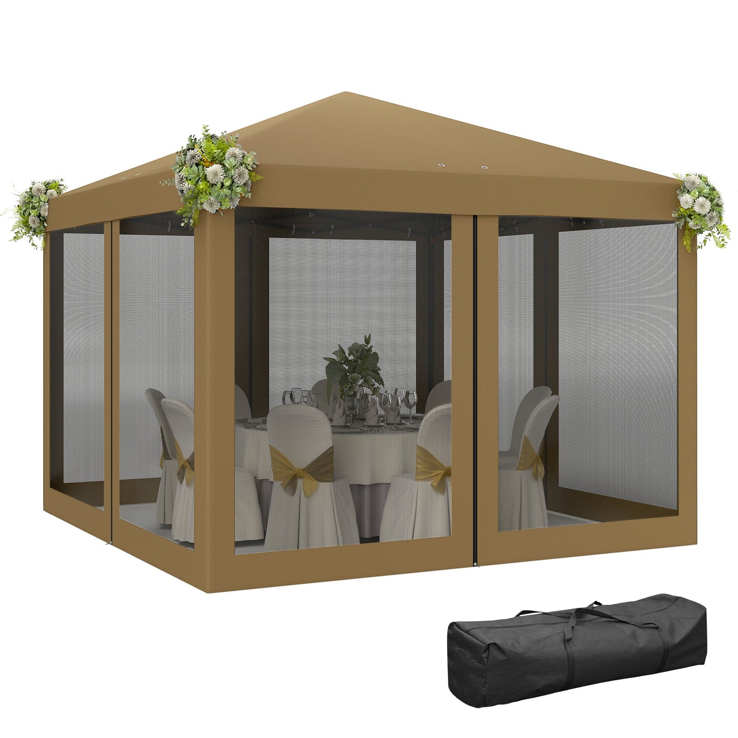 3 x 3 m Pop Up Gazebo, 420D Garden Tent Canopy with Removable Mesh Sidewall Netting, Carry Bag for Garden Patio Outdoor, Khaki