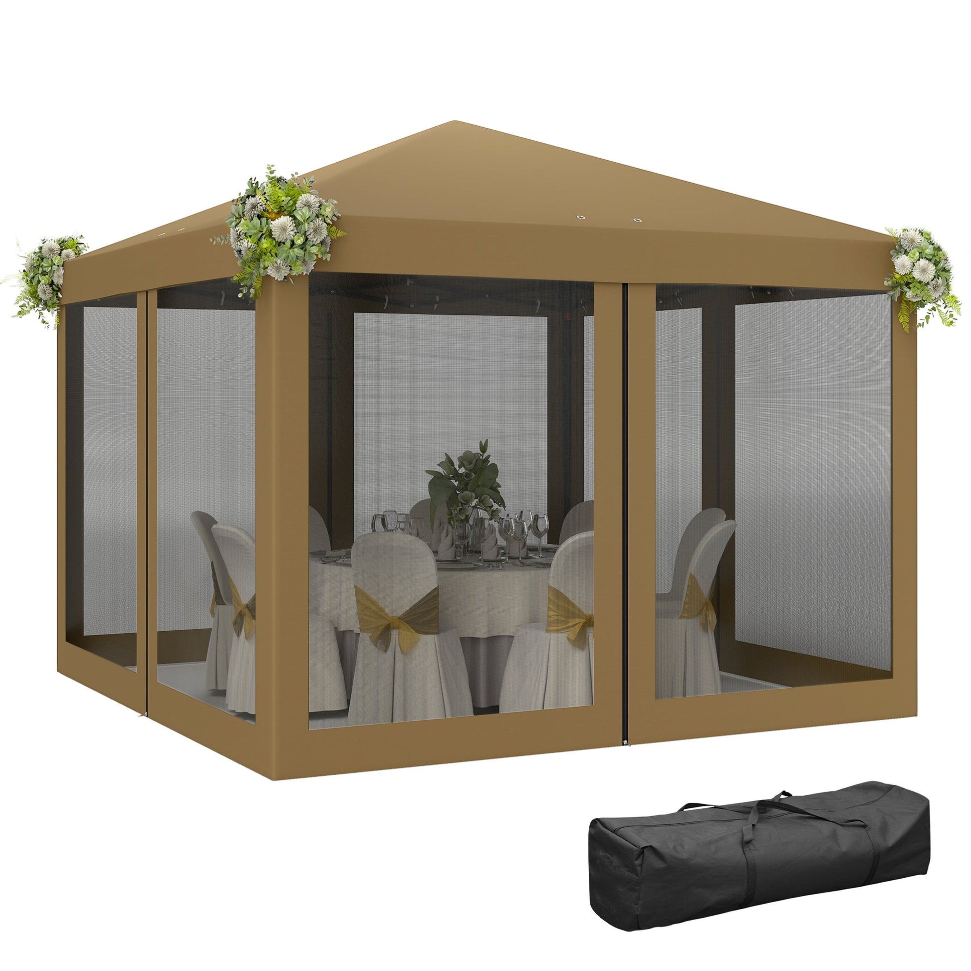 3 x 3 m Pop Up Gazebo, 420D Garden Tent Canopy with Removable Mesh Sidewall Netting, Carry Bag for Garden Patio Outdoor, Khaki