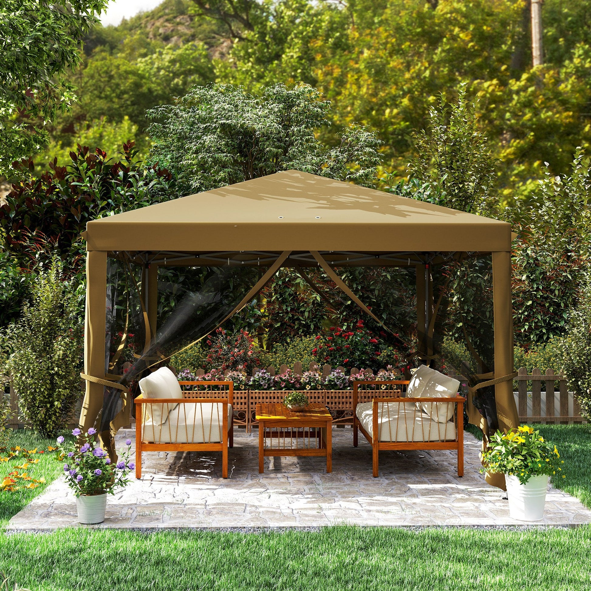 3 x 3 m Pop Up Gazebo, 420D Garden Tent Canopy with Removable Mesh Sidewall Netting, Carry Bag for Garden Patio Outdoor, Khaki