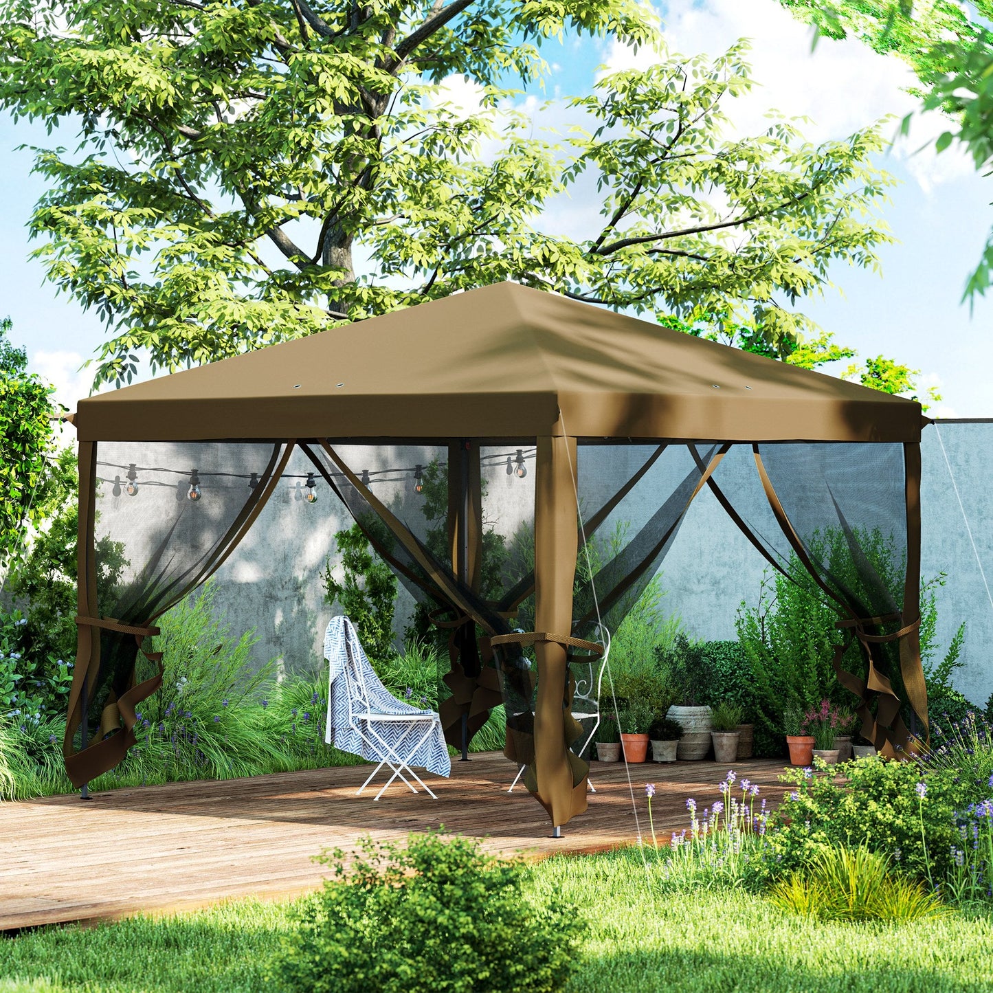 3 x 3 m Pop Up Gazebo, 420D Garden Tent Canopy with Removable Mesh Sidewall Netting, Carry Bag for Garden Patio Outdoor, Khaki