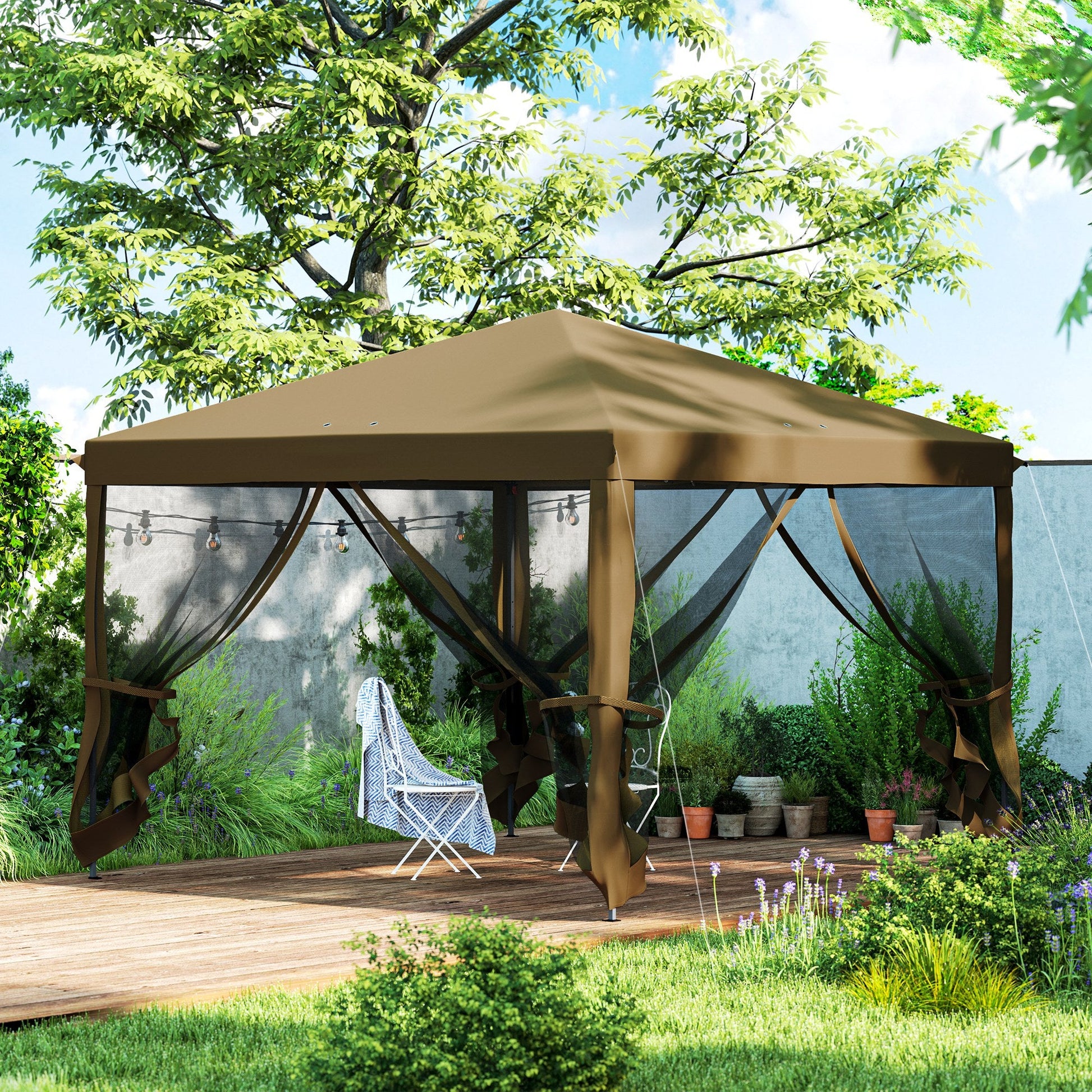 3 x 3 m Pop Up Gazebo, 420D Garden Tent Canopy with Removable Mesh Sidewall Netting, Carry Bag for Garden Patio Outdoor, Khaki
