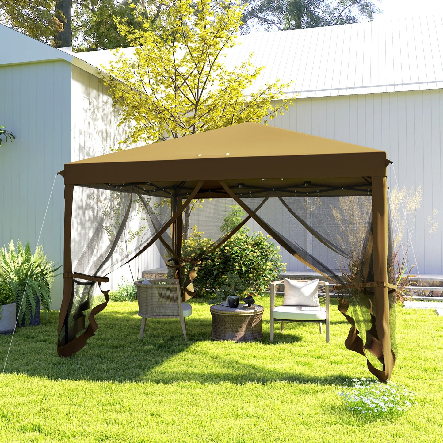 3 x 3 m Pop Up Gazebo, 420D Garden Tent Canopy with Removable Mesh Sidewall Netting, Carry Bag for Garden Patio Outdoor, Khaki