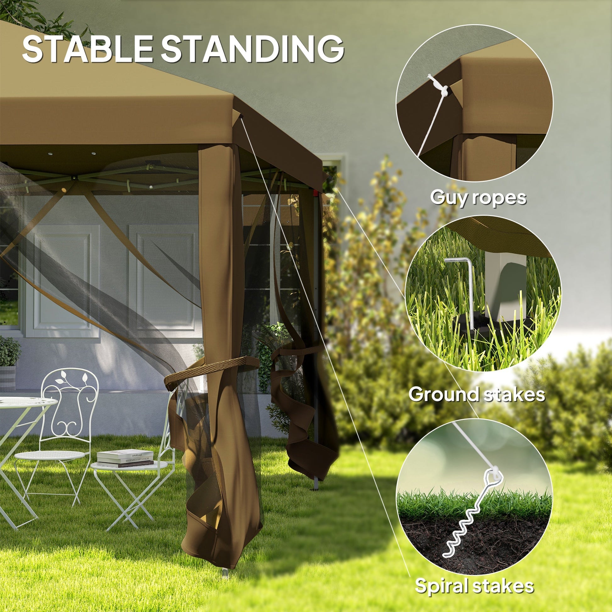 3 x 3 m Pop Up Gazebo, 420D Garden Tent Canopy with Removable Mesh Sidewall Netting, Carry Bag for Garden Patio Outdoor, Khaki