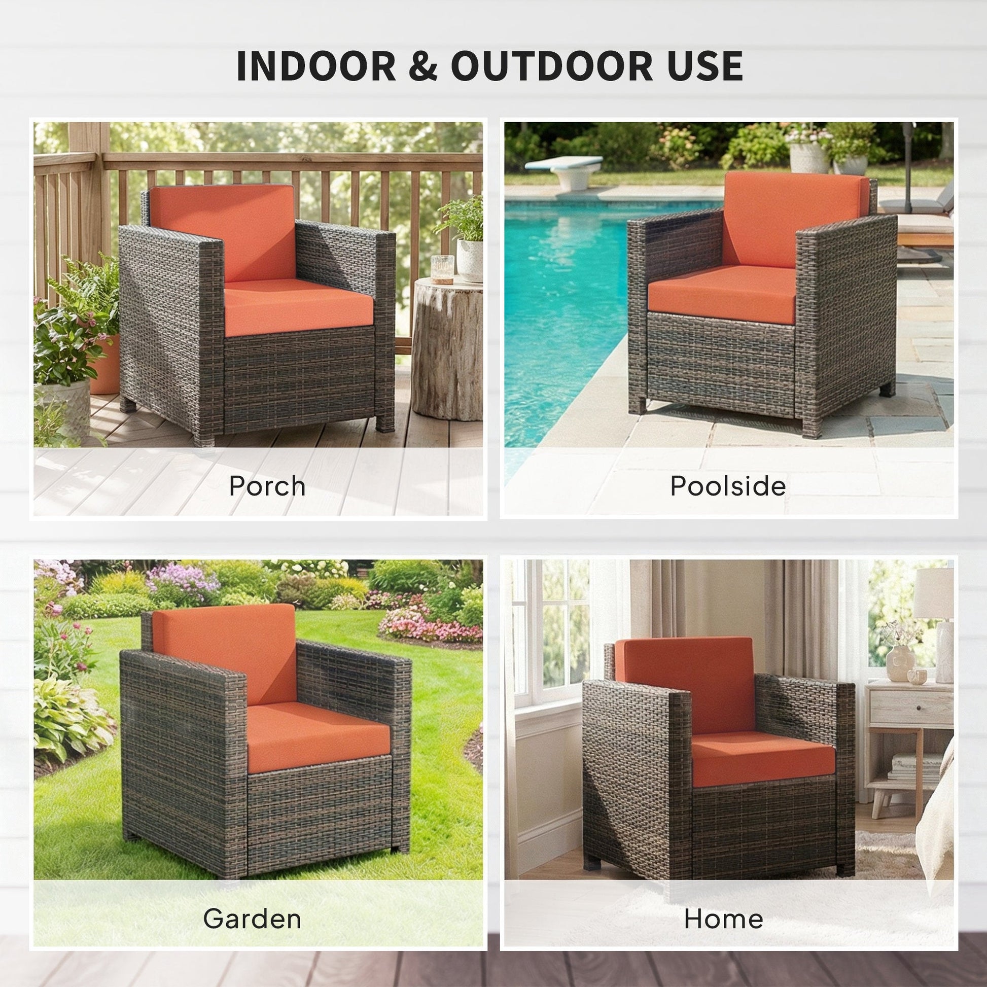 Single Seater Rattan Chair, PE Wicker Garden Armchair with 10 cm Thickened Cushion, All-Weather Rattan Garden Chair with Armrests, Mixed Brown/Orange
