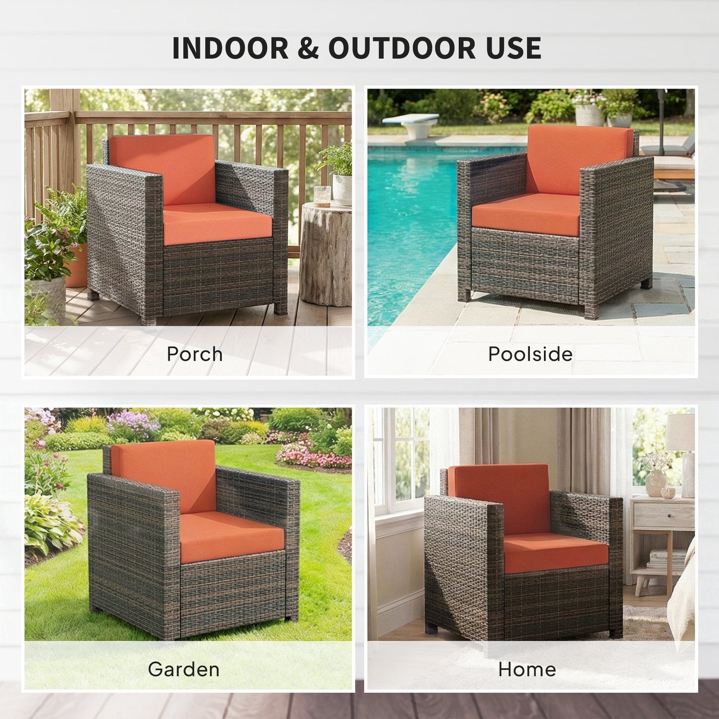 Single Seater Rattan Chair, PE Wicker Garden Armchair with 10 cm Thickened Cushion, All-Weather Rattan Garden Chair with Armrests, Mixed Brown/Orange
