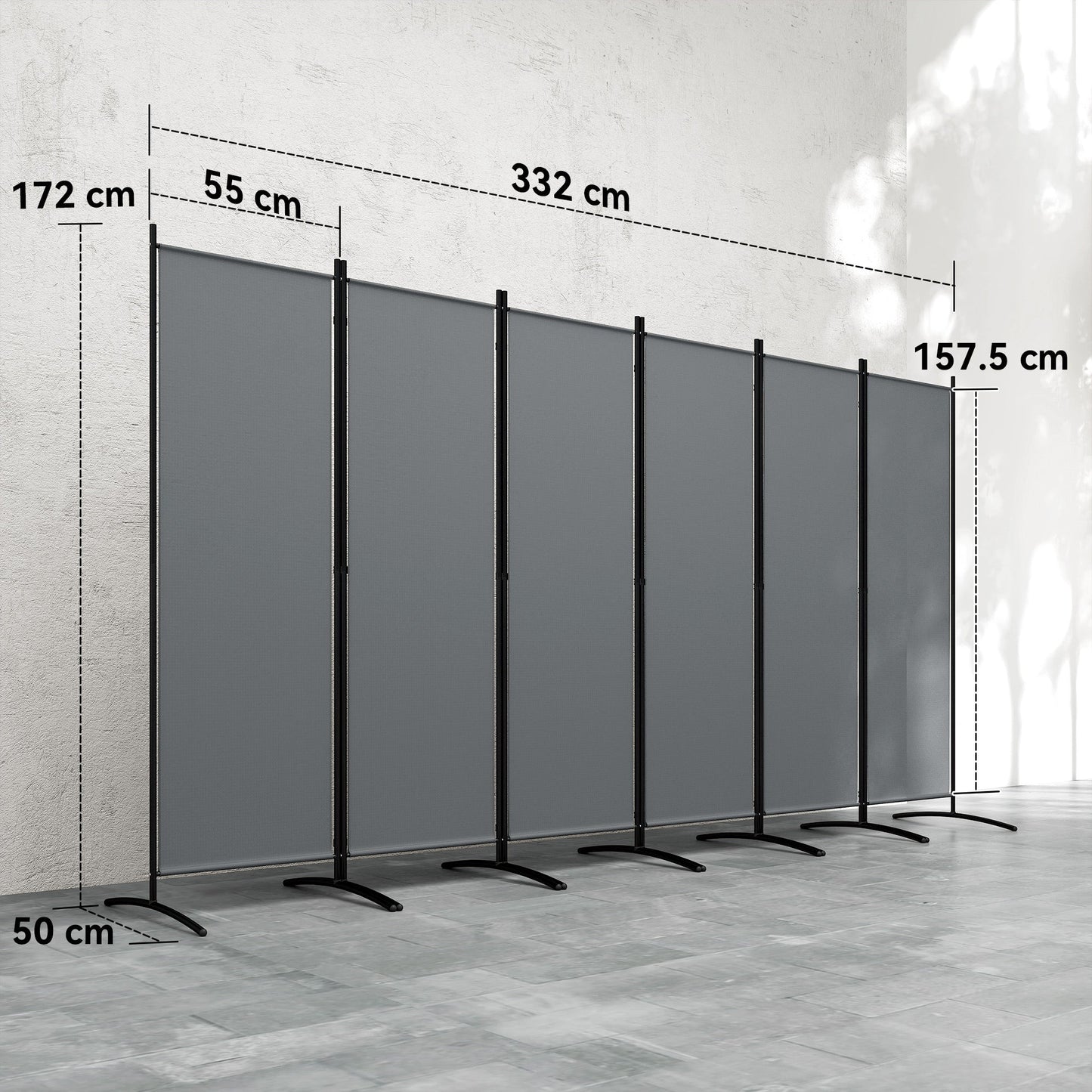 6 Panel Folding Room Divider, Freestanding Privacy Screen Wall with Wide Feet, Portable Paravent Partition Separator for Offices, Balcony, Outdoor Garden, Hot Tub, 332 x 172 cm, Dark Grey