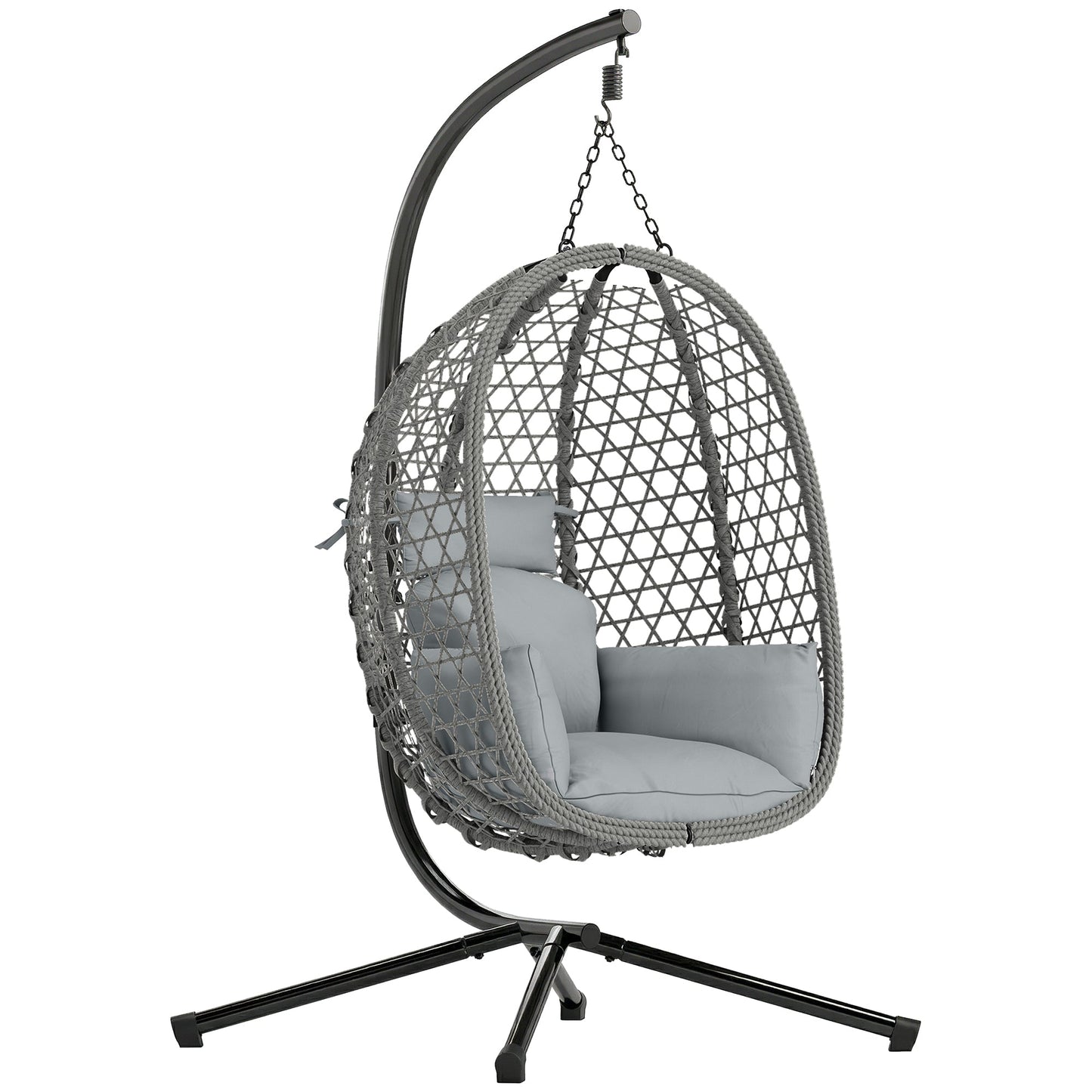 Hanging Egg Chair, Indoor Outdoor Rattan Hammock Swing Chair with Stand, Safety Strap, Foldable Basket, Thick Cushion, Headrest, Metal Frame for Garden Balcony Patio Lounge Porch, Dark Grey