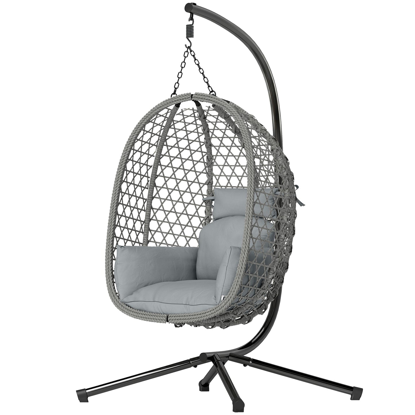 Hanging Egg Chair, Indoor Outdoor Rattan Hammock Swing Chair with Stand, Safety Strap, Foldable Basket, Thick Cushion, Headrest, Metal Frame for Garden Balcony Patio Lounge Porch, Dark Grey
