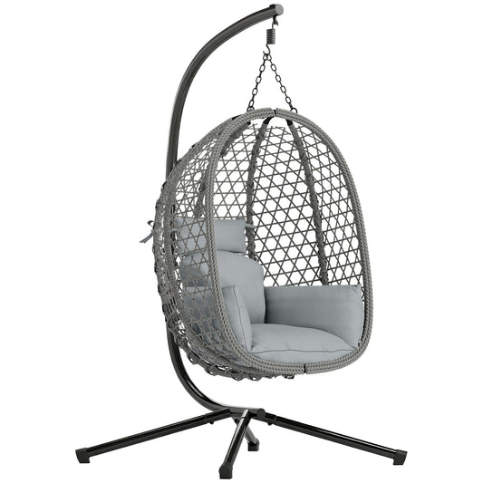 Hanging Egg Chair, Indoor Outdoor Rattan Hammock Swing Chair with Stand, Safety Strap, Foldable Basket, Thick Cushion, Headrest, Metal Frame for Garden Balcony Patio Lounge Porch, Dark Grey