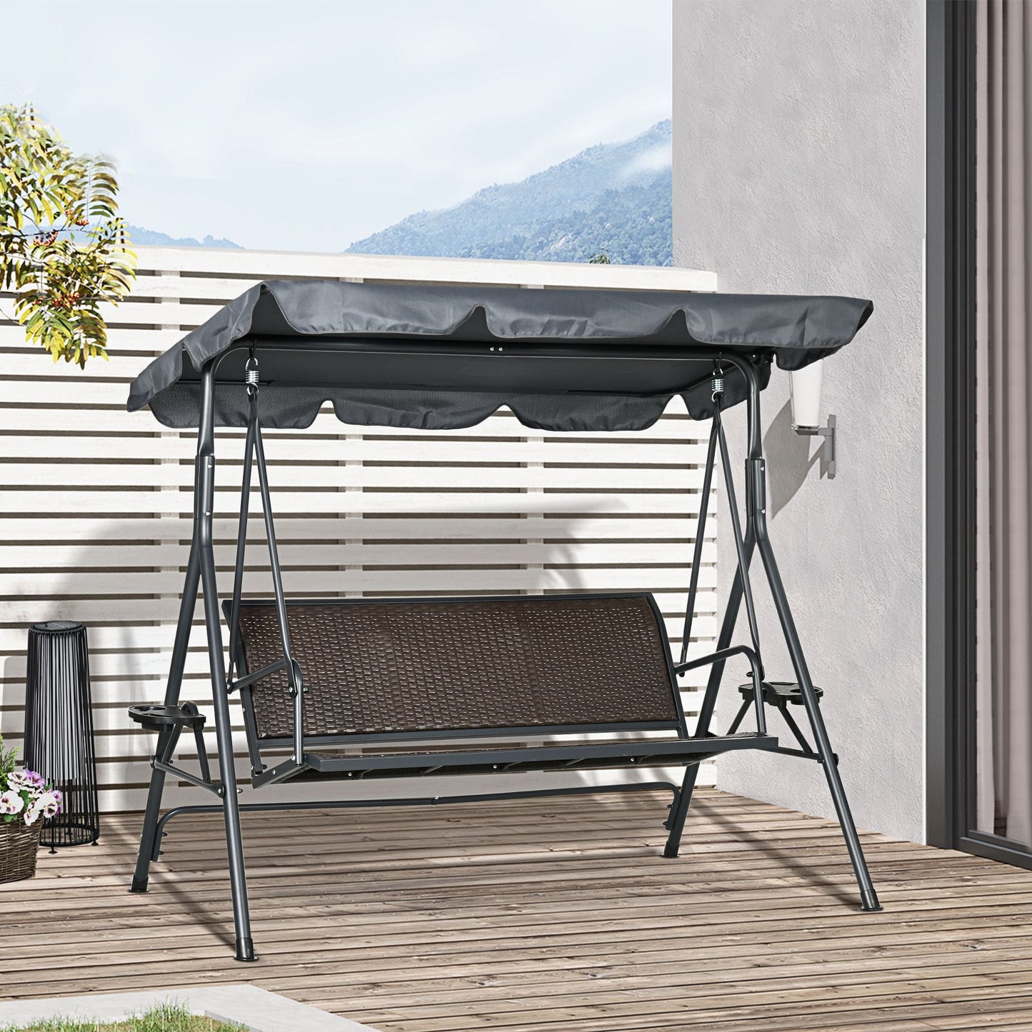 3 Seater Swing Chair, Garden Swing Seat Bench with Adjustable Canopy, Rattan Seat and Steel Frame for Patio, Yard, Dark Grey